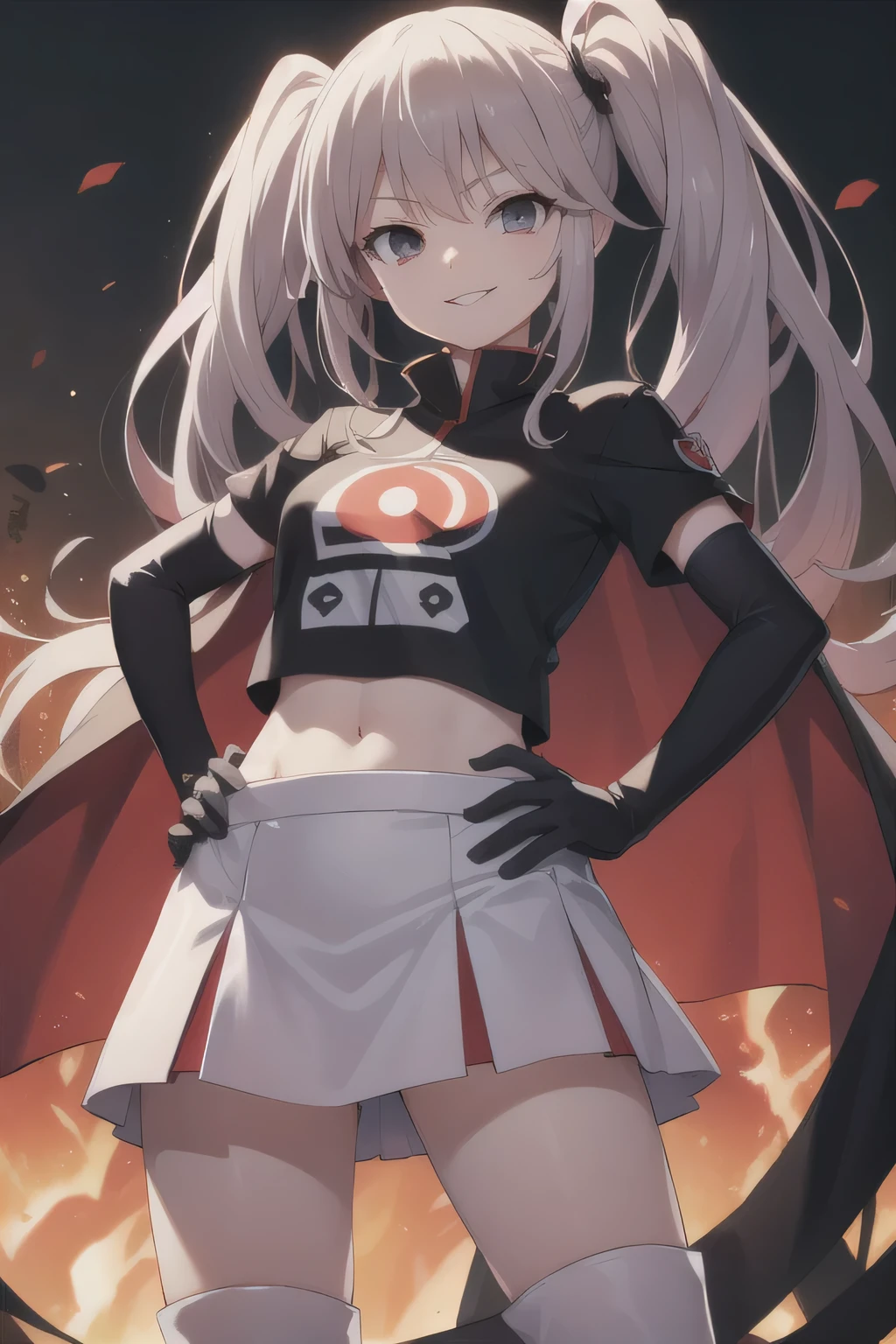 junko enoshima, glossy lips ,team rocket,team rocket uniform, red letter R, white skirt,white crop top,black thigh-high boots, black elbow gloves , looking at viewer, evil smile, hands on hips