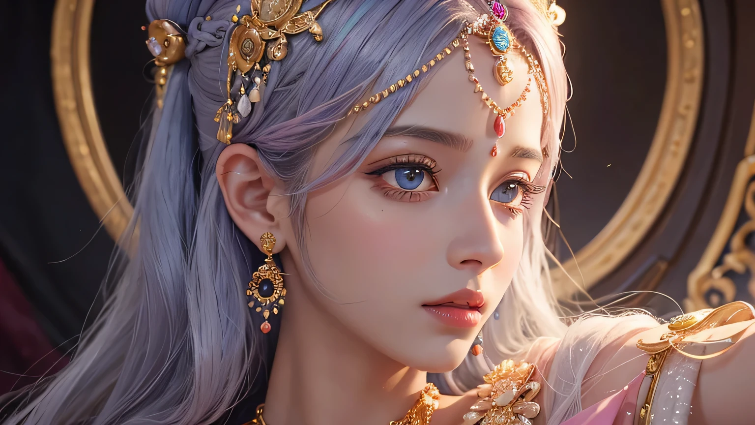 a painting of a woman in a pink sari with gold jewelry, indian goddess of wealth, indian goddess, a stunning portrait of a goddess, portrait of a beautiful goddess, 3 d goddess radha portrait, portrait painting of radha rani, beautiful character painting, blue eye, white hair, inspired by Shri Radha rani, goddess radha, Shri Radha, traditional female hairstyles, goddess portrait, beautiful avatar pictures, goddess close-up portrait