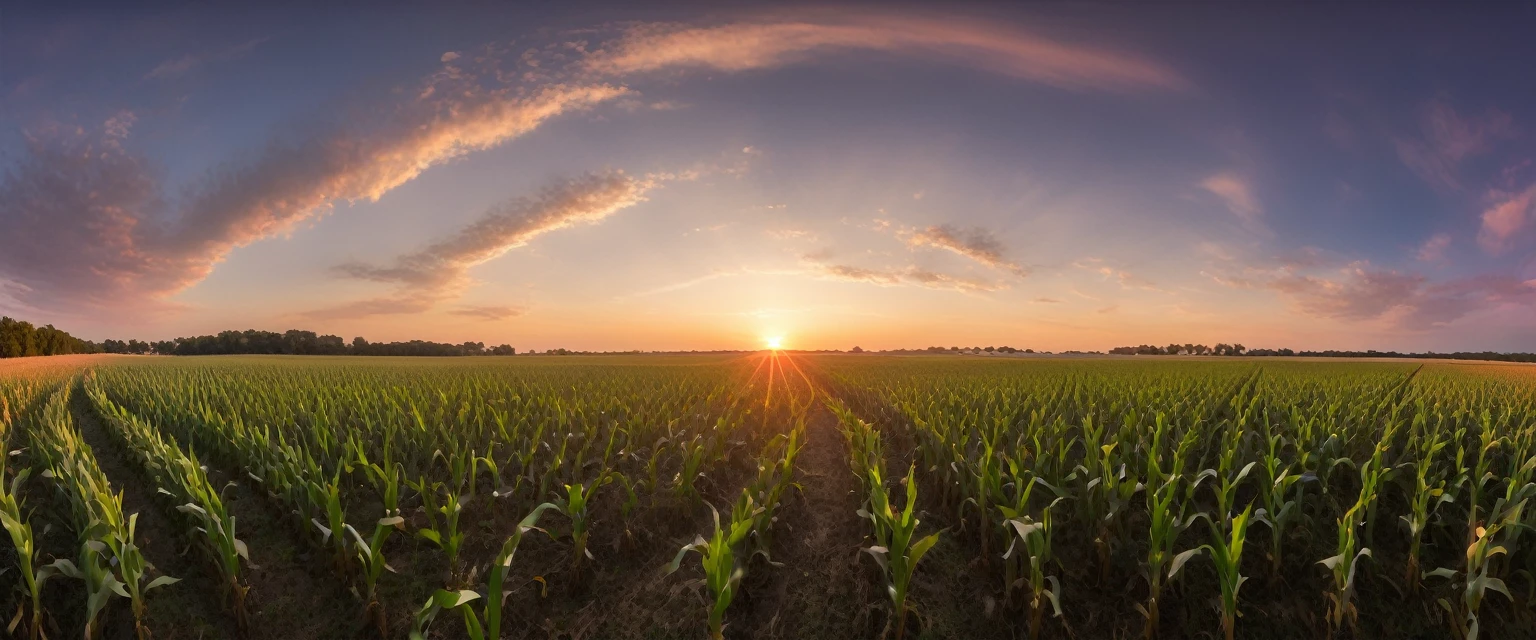 As the sun begins its descent, casting a warm, golden hue across the horizon, imagine standing amidst a vast expanse of cornfields. The stalks, gently swaying in the evening breeze, create a mesmerizing pattern against the sky. With an ultra-wide-angle perspective, the scene unfolds dramatically. The sun, a fiery orb, dips lower, painting the clouds with shades of orange, pink, and purple. The rows of corn stretch endlessly, converging toward a focal point on the horizon where the sun kisses the earth. Shadows lengthen, adding depth and contrast to the landscape. It's a moment of serene beauty captured in a single frame, evoking a sense of awe and tranquility.