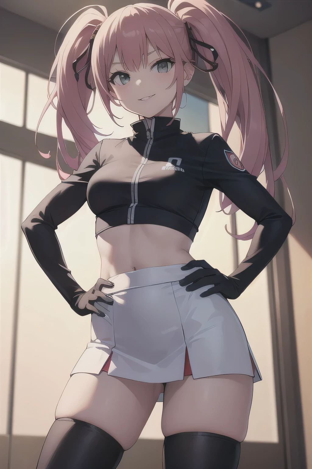 junko enoshima, glossy lips ,team rocket,team rocket uniform, red letter R, white skirt,white crop top,black thigh-high boots, black elbow gloves , looking at viewer, evil smile, hands on hips, very lift skirt