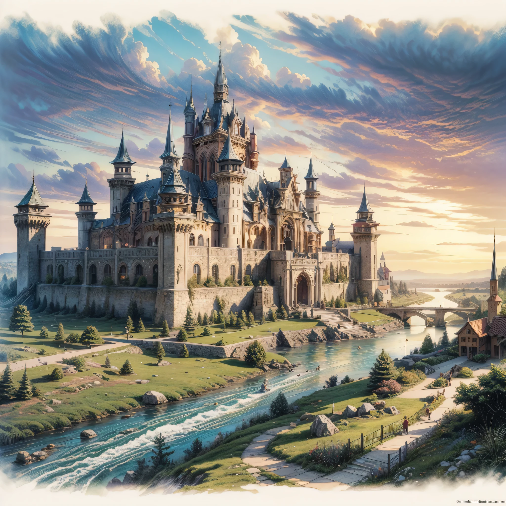 ((Meisterwerk, good quality, artgerm, artstation)), intricate ultra detailliert, lebendige Farbe, hohe Details,Painting of a monastery, through which a river flows, mittelalterliche Fantasielandschaft, mittelalterliche Fantasy-Illustration, mittelalterliche Fantasy-Kunst, Illustration Mattmalerei, high Fantasieschloss, von Michael Whelan, John Howe, Moebius, Fantasieschloss, Schlosshintergrund, Epic castle with high towers, inspiriert von Kerembeyit, realistische Fantasy-Illustration, medieval Schlosshintergrund, gruseliges Schloss)). mystisch, nebliges Schloss