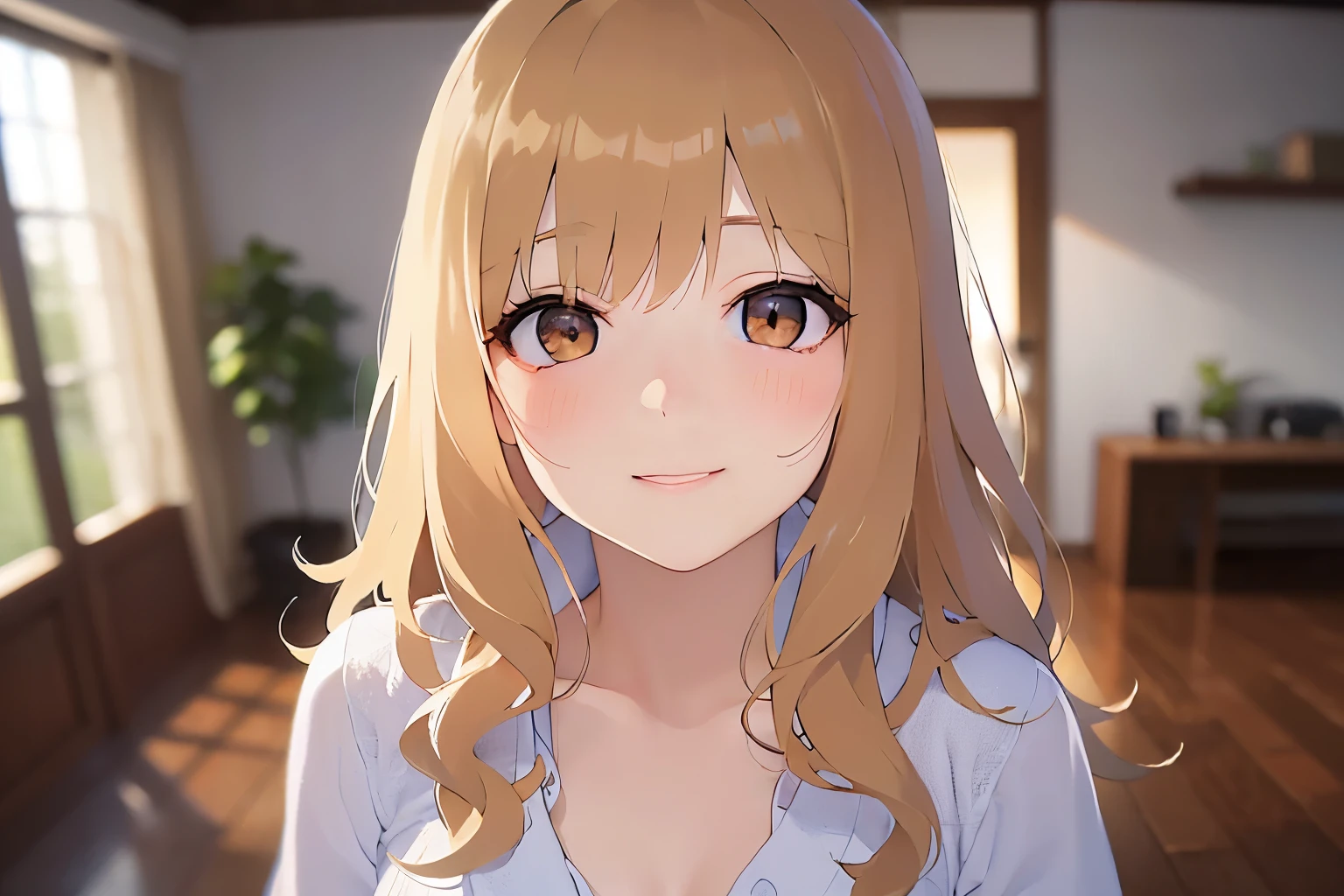 dark, night, Upper Body, Realistic, real person, (pale skin: 1.2), RAW photo, photorealistic, portrait photography, shiny skin, japanese idol、shiny hair、(25 year old woman with medium hair with blonde bangs) and (wavy hair) and (orange eyes) , smile, (blush:1.3), Wearing a plain white T-shirt、The background is the living room、Alone、Are standing