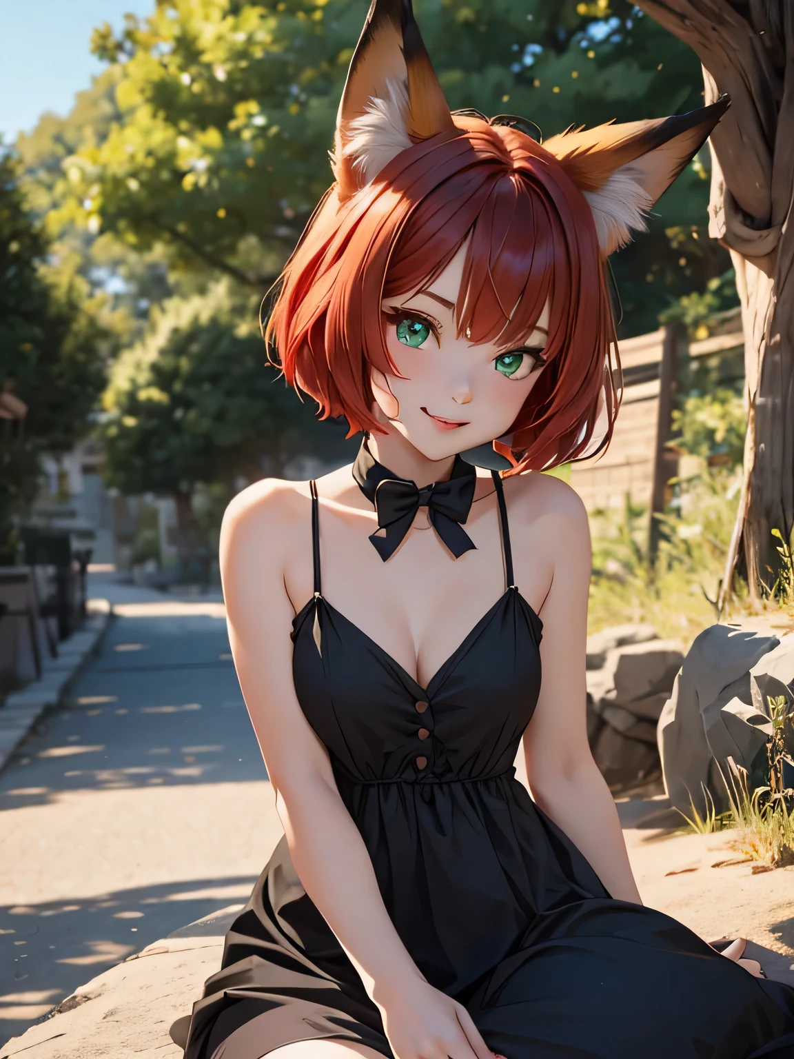 a fox girl, she's looking at the camera and winking and her tongue is out, she has red short hair and red fox ears and green eyes, she has small and a black dress where we can see her shoulders