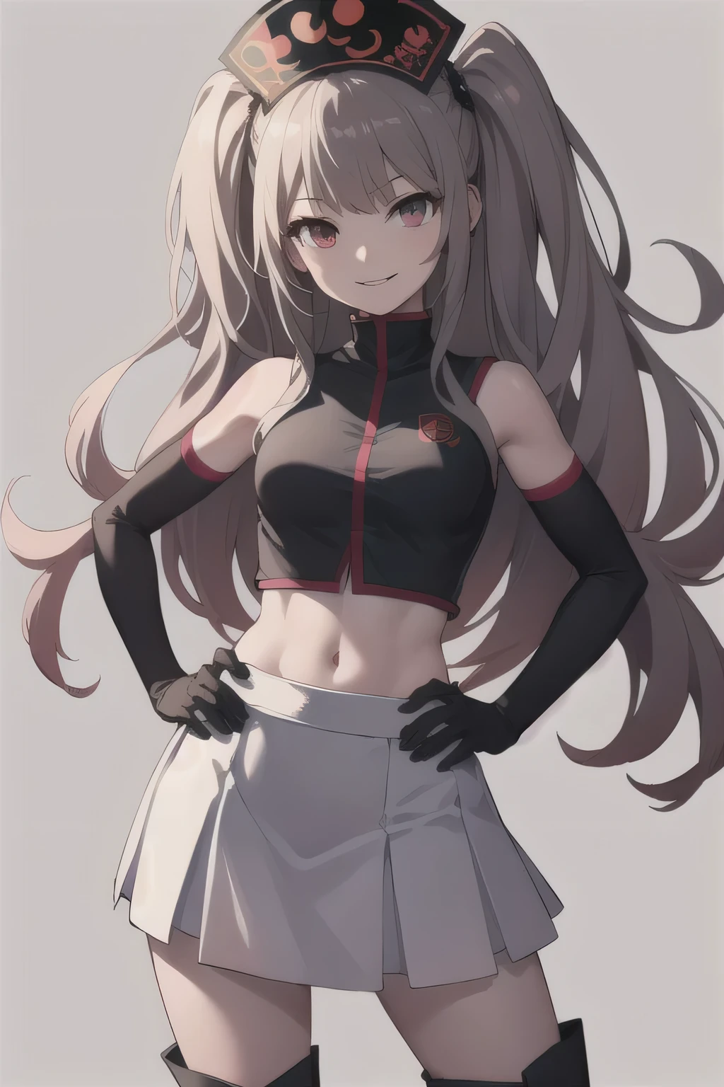junko enoshima, glossy lips ,team rocket,team rocket uniform, red letter R, white skirt,white crop top,black thigh-high boots, black elbow gloves , looking at viewer, evil smile, hands on hips, very lift skirt, lift skirt, firm breasts, escote muy amplio