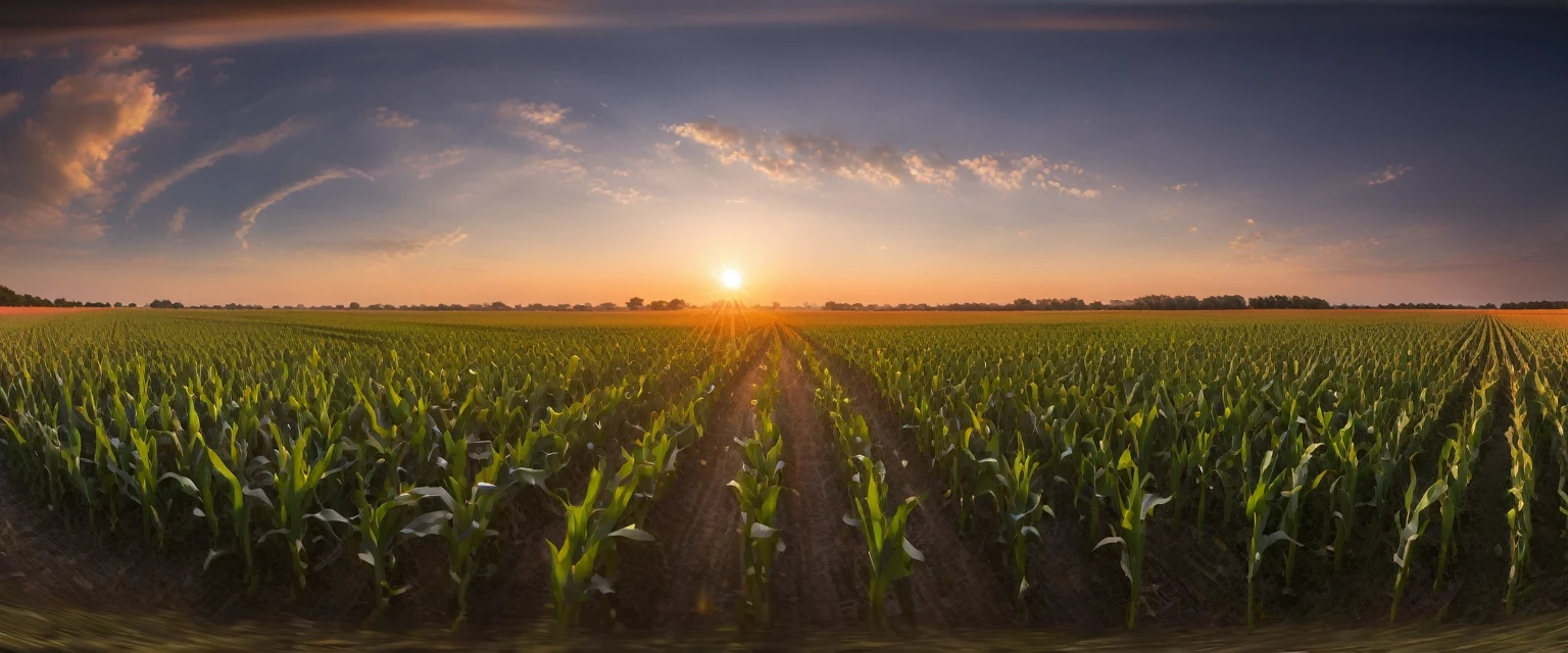 As the sun begins its descent, casting a warm, golden hue across the horizon, imagine standing amidst a vast expanse of cornfields. The stalks, gently swaying in the evening breeze, create a mesmerizing pattern against the sky. With an ultra-wide-angle perspective, the scene unfolds dramatically. The sun, a fiery orb, dips lower, painting the clouds with shades of orange, pink, and purple. The rows of corn stretch endlessly, converging toward a focal point on the horizon where the sun kisses the earth. Shadows lengthen, adding depth and contrast to the landscape. It's a moment of serene beauty captured in a single frame, evoking a sense of awe and tranquility.