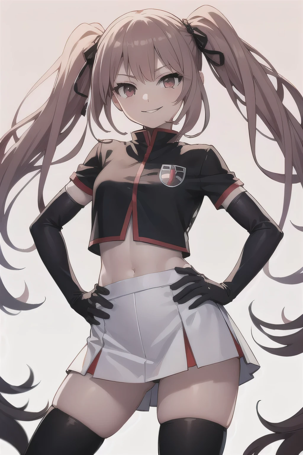 junko enoshima, glossy lips ,team rocket,team rocket uniform, red letter R, white skirt,white crop top,black thigh-high boots, black elbow gloves , looking at viewer, evil smile, hands on hips, very lift skirt