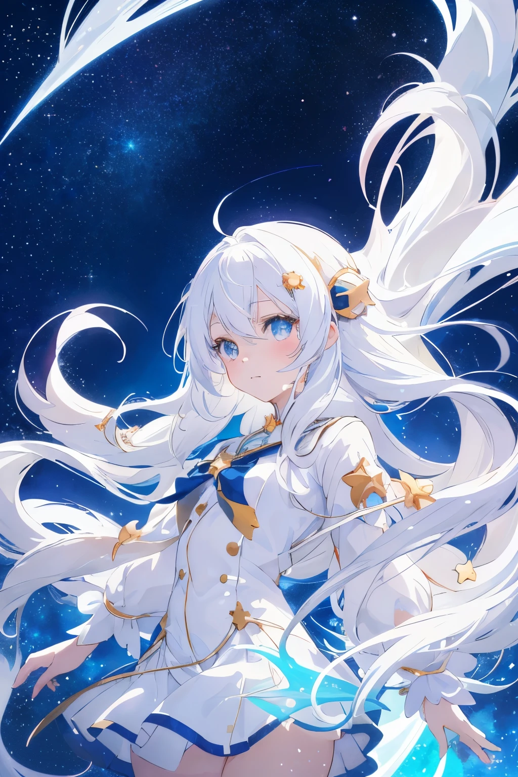 anime girl with long white hair and a star in her hair, white haired deity, anime girl with cosmic hair, star(sky) starry_sky, anime visual of a cute girl, splash art anime loli, white glowing aura, girl with white hair, ethereal anime, akasuki voidstar, celestial aura, nightcore, anime moe artstyle