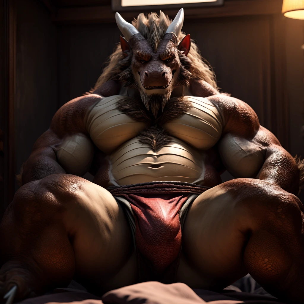 Eastern Dragon, Male, Solo, Middle-Aged, Daddy Vibe, Beard, Dragon horns, Scales, Wearing Fundoshi, Sitting on Corner of the bed, Japanese Bedroom Background, Sexy, Looking at viewer, 1boy, (Photorealistic, Realistic Shadows, Cinematic Lighting, Depth of Field, Low Between Legs Shot), Pecs, Hands grabbing his pectorals, Dragon Claws, Chest Hair, Legs, Bulge, Naked,