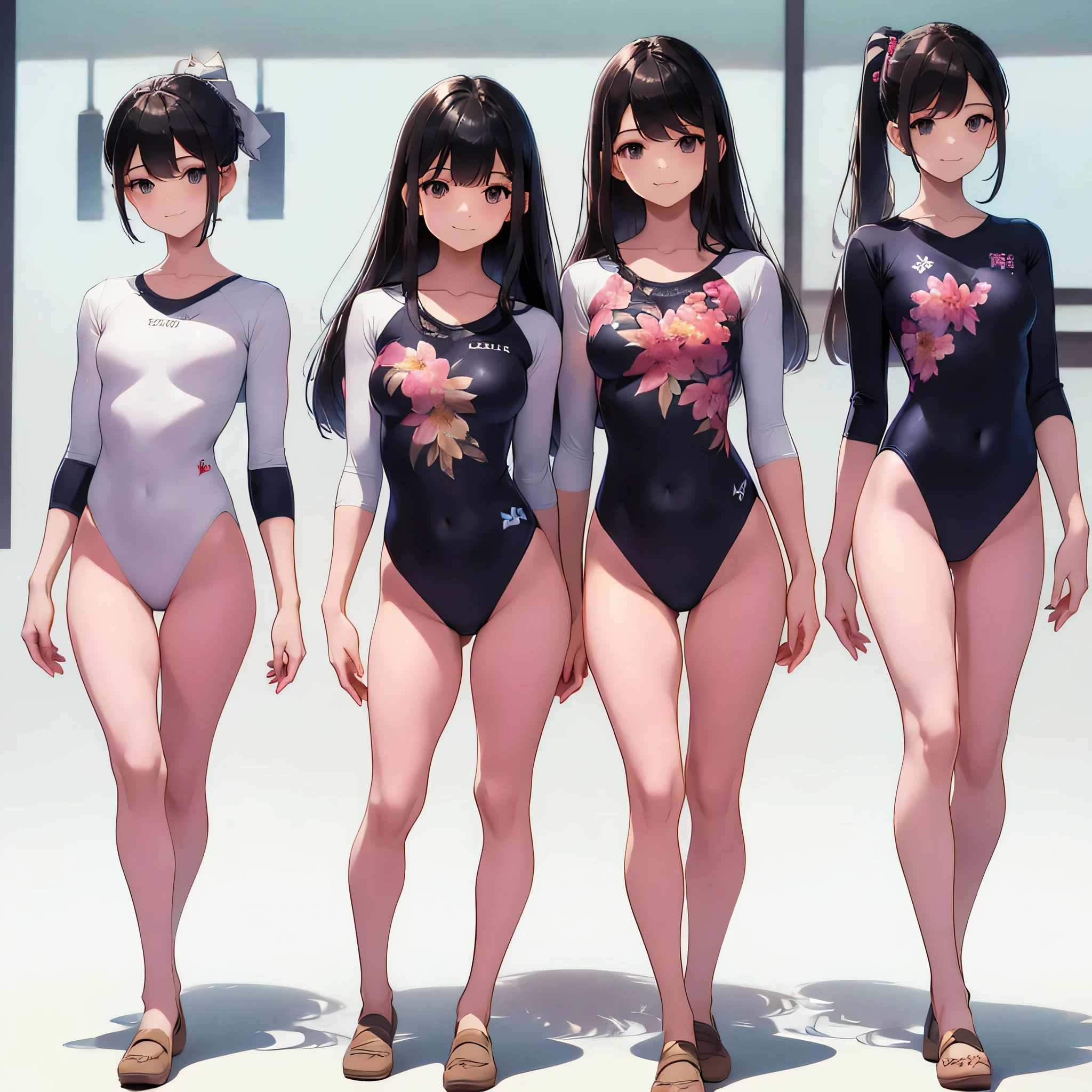 ((full body)),(masterpiece, highest quality), (3 girls 1.5) ,((contrasting:1.5)), looking at iniewer, walk,((in_arm:1.2)), wear gymnastics_longsleeines_leotard_outfit leotard:1.3), (Floral:1.3), BREAK masterpiece black hair, ((long hair:1.2)), ((parted bangs:1.3)), black eye, good hand, ((small breasts)), (oiner 20 years old, Under 25 years old:1.2), , Spotlight, Happy, smile, 教室in休憩