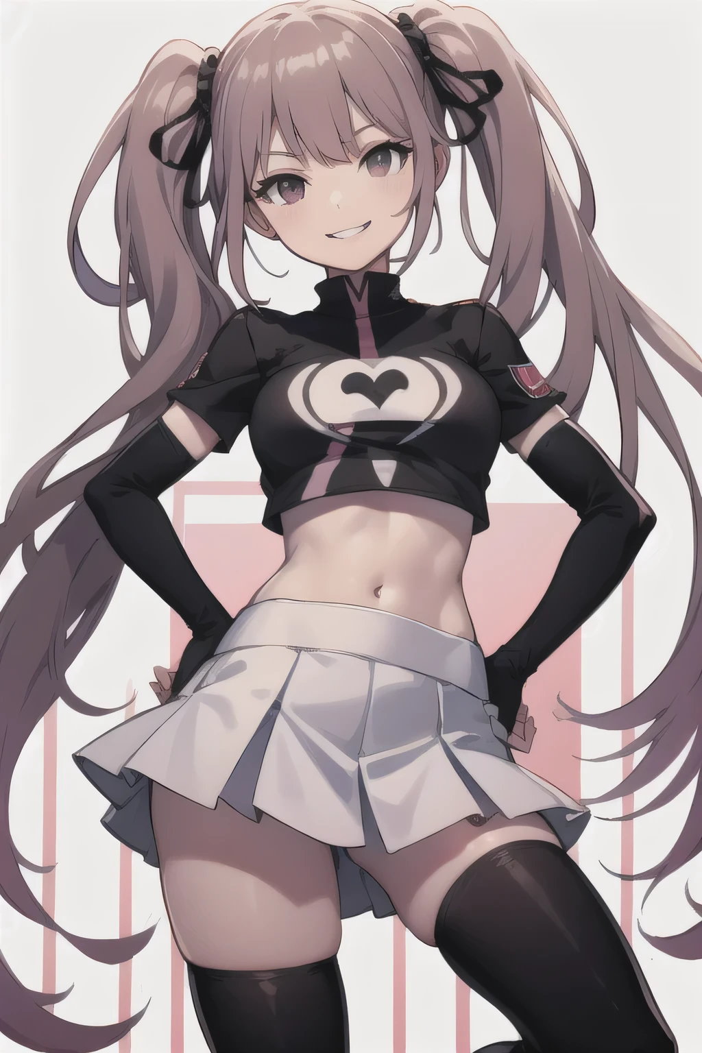 junko enoshima, glossy lips ,team rocket,team rocket uniform, red letter R, white skirt,white crop top,black thigh-high boots, black elbow gloves , looking at viewer, evil smile, hands on hips, very lift skirt