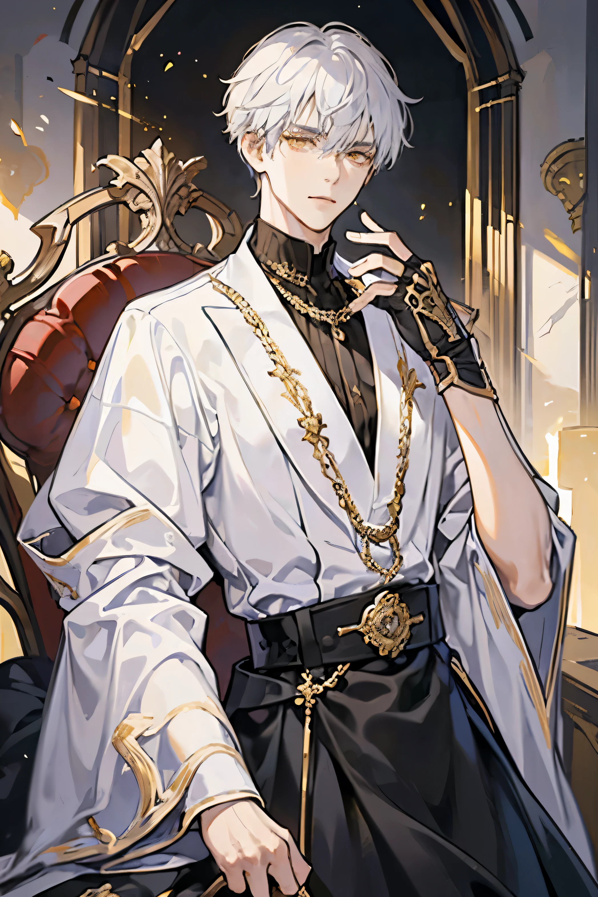 Masterpiece,1 young man, 1 man, short, Messy white hair with bangs., handsome, yellow eyes, Detailed eyes, Tall and slender figure, condescending, arrogant,crafty, royalty, autocratic ruler, Wear Black, Medieval Fantasy, Dark Souls, throne