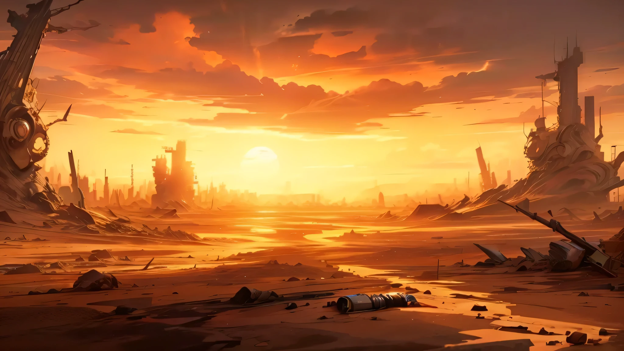 A painting of a desert landscape with a sunset in the background, Horrific scene,! End of the world scene!!, End of the world scene!!!!!, End of the world scene, End of the world scene, Apocalypse mode, deserted Wasteland, apocalyptic environment, fantasy apocalyptic environment, Apocalypse art, Wasteland, The end of the world after Earth, Environmental art concept, End of the world scene, Silphan Sarail, The anime landscape of Apocalypse City, Destroyed area, It's about to set