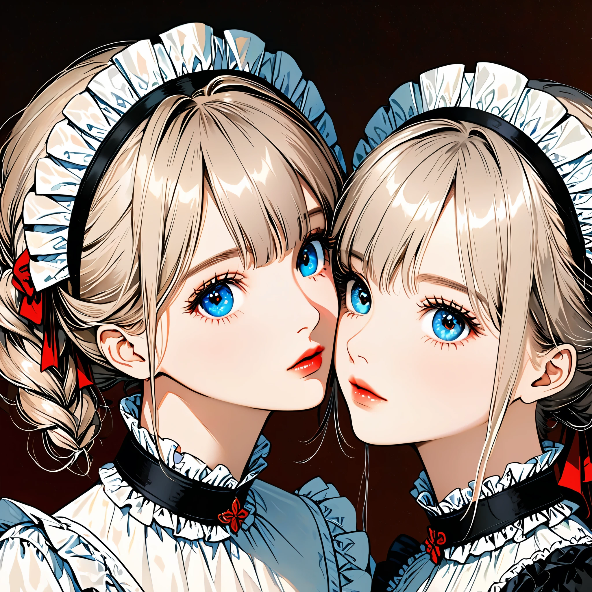 unfinished, hatching (texture)2girls,(beautiful detailed eyes,beautiful detailed lips,extremely detailed eyes an2 maids, face to face, (adjusting collar:1.37), cortical collar, maid decoration, (beautiful detailed eyes), portrait, vivid colors, warm tones, studio lighting, illustration, 