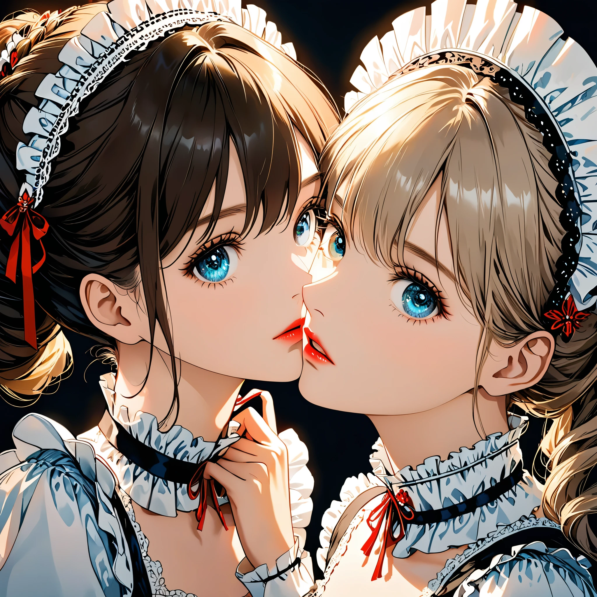 unfinished, hatching (texture)2girls,(beautiful detailed eyes,beautiful detailed lips,extremely detailed eyes an2 maids, face to face, (adjusting collar:1.37), cortical collar, maid decoration, (beautiful detailed eyes), portrait, vivid colors, warm tones, studio lighting, illustration, 