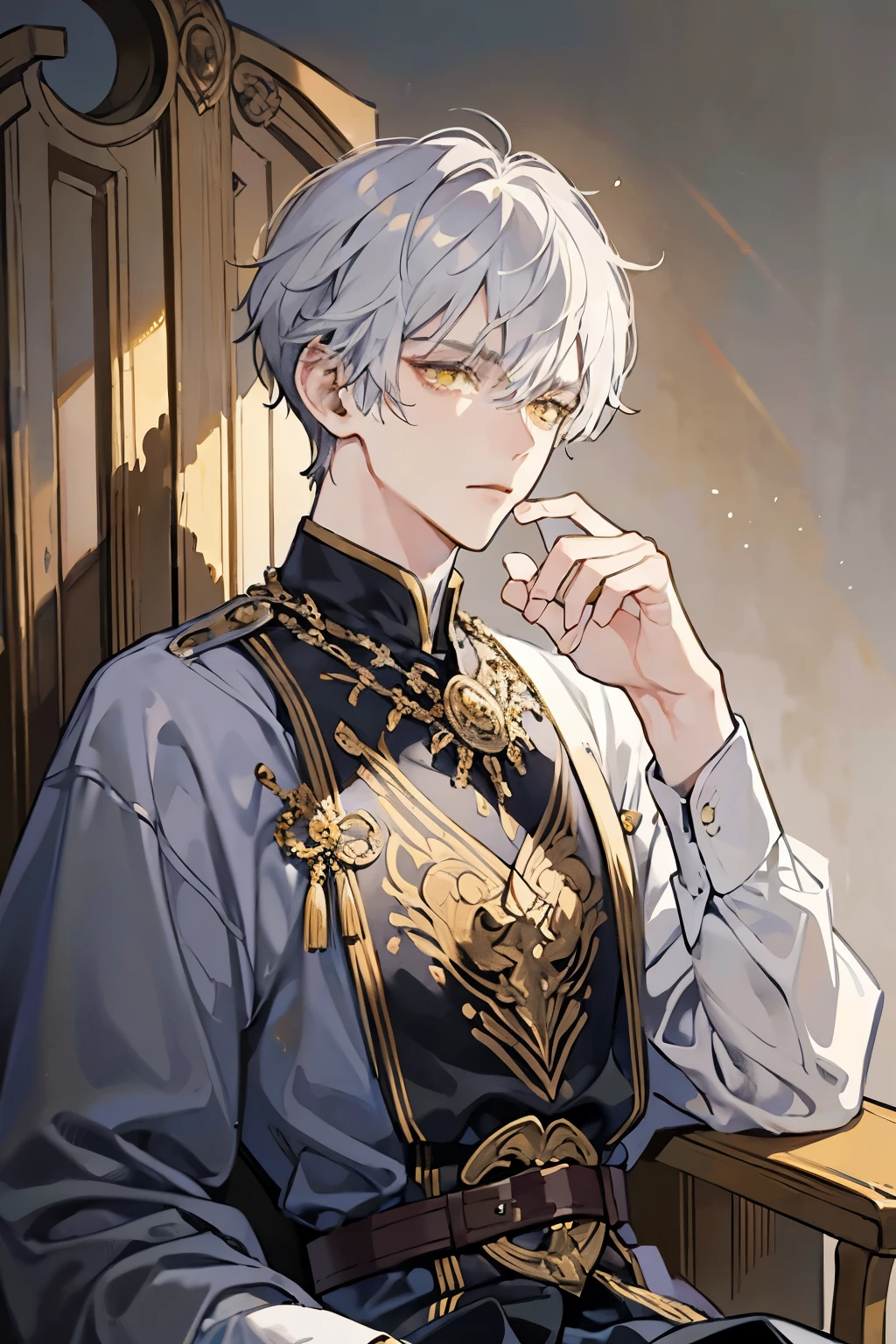 Masterpiece,1 young man, 1 man, Short, messy white hair with bangs., handsome, yellow eyes, Detailed eyes, Tall and slender figure, condescending, arrogant,crafty, royalty, autocratic ruler, Wear black, Medieval Fantasy, Dark Souls, throne, flirtatious, brilliant, playful