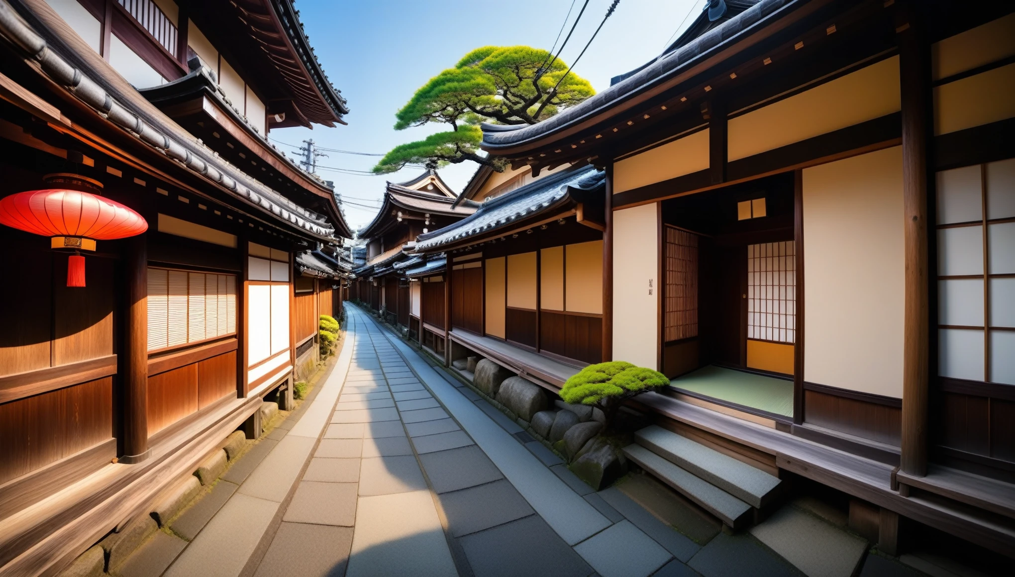 (ultra-detailed, highres, realistic photography:1.2), panorama of the historic part of japanese the city, panorama of the historic japanese street, old historic japanese buildings, , Ultra Wide Angle, FishEye lens, vibrant color tones, dramatic lighting