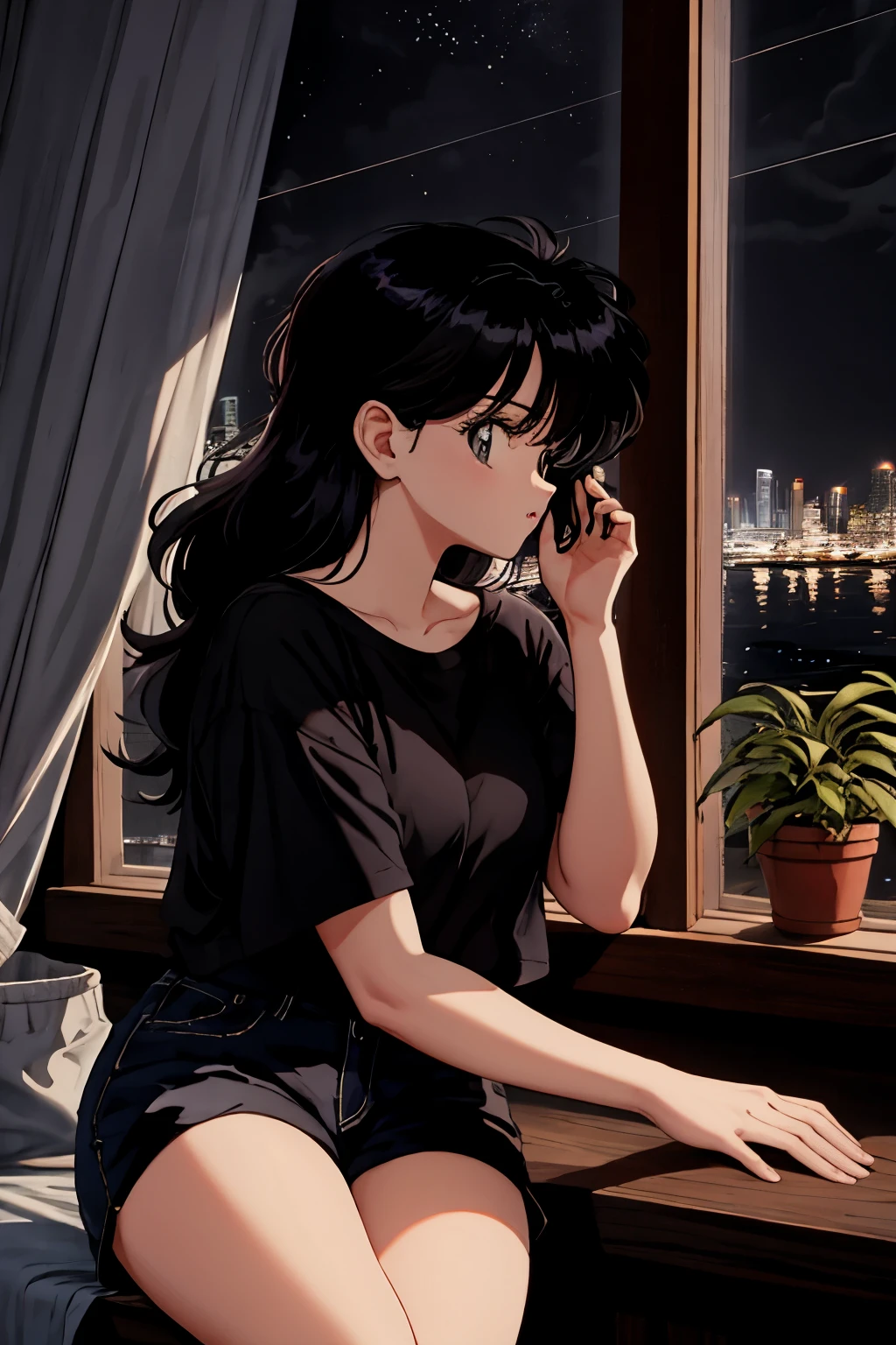 1 girl, alone, sitting, messy room, black hair, looking outside, profile, camisole, shorts,  night city view from the window, dark room, indirect lighting, Flower pots on the windowsill, potted plants, tulle transparent curtains, river embankment, riverside, socialist classicism, skyscraper, city lights, cityscape, moon, cloud, black sky,  silhouette by the window