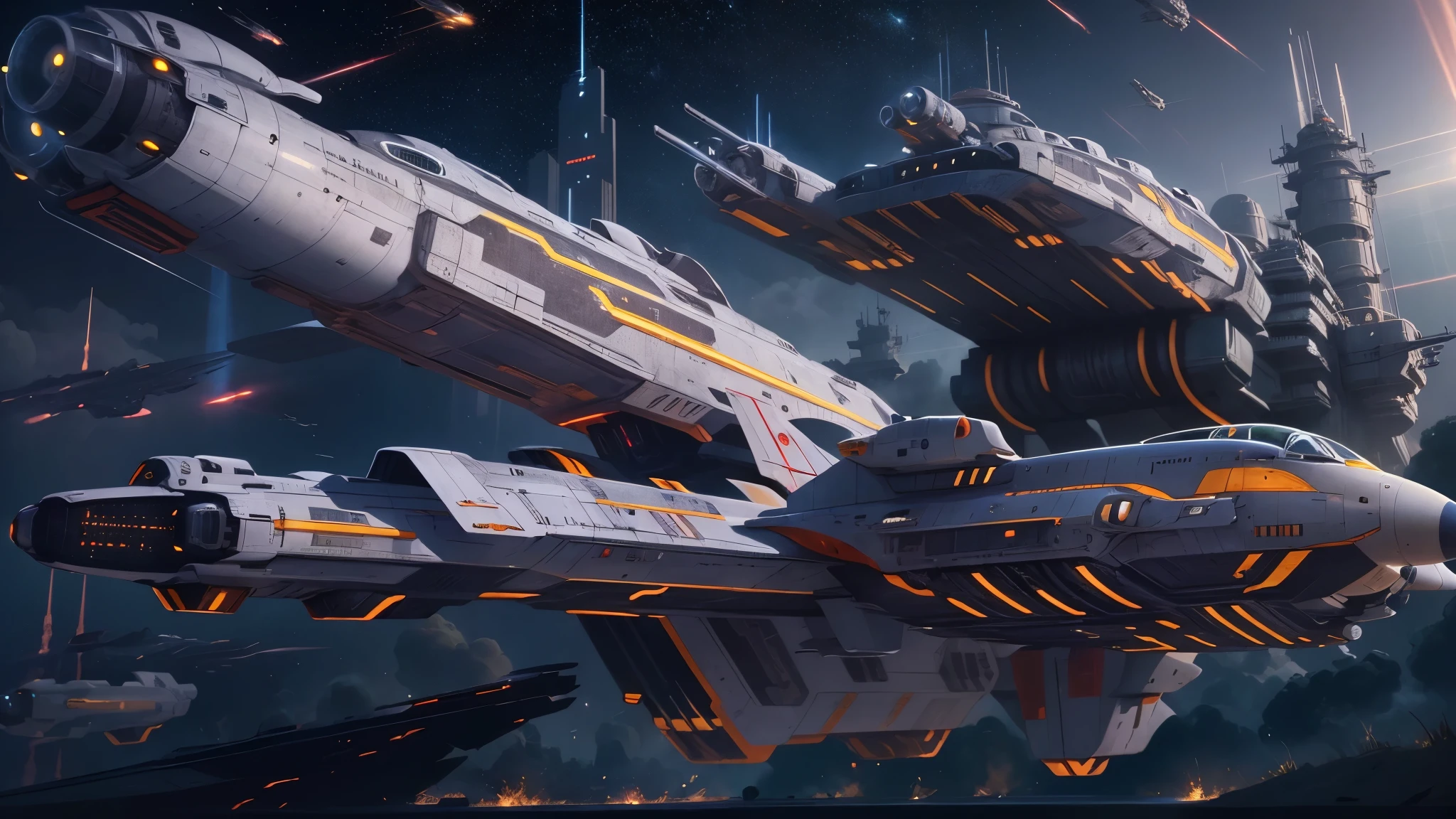 ((highest quality)),(ultra high resolution),(Super detailed),(detailed description),((best CG)),(best work of art),super precision art,amazing drawing art,(Sci-fi art with precise details:1.5), star々push through the gap,(streamlined space battleship:1.6), (機械で埋め尽くされた惑star:1.4),Flying laser beams,missile