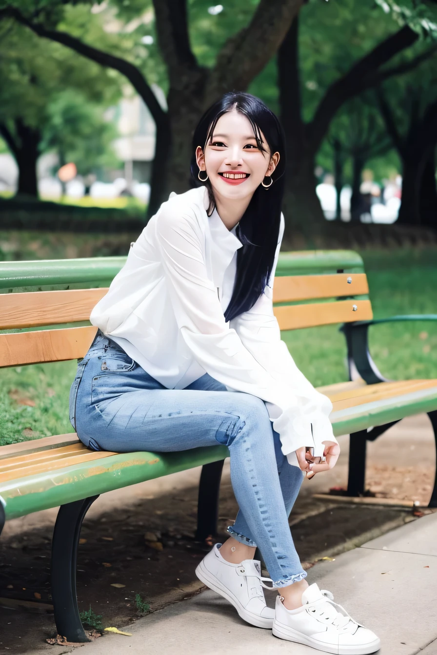 A neat and beautiful woman sitting on a park bench、black hair、long sleeve blouse、ear piercing、skinny denim、sneakers、smile。、beautiful teeth、full body photo

