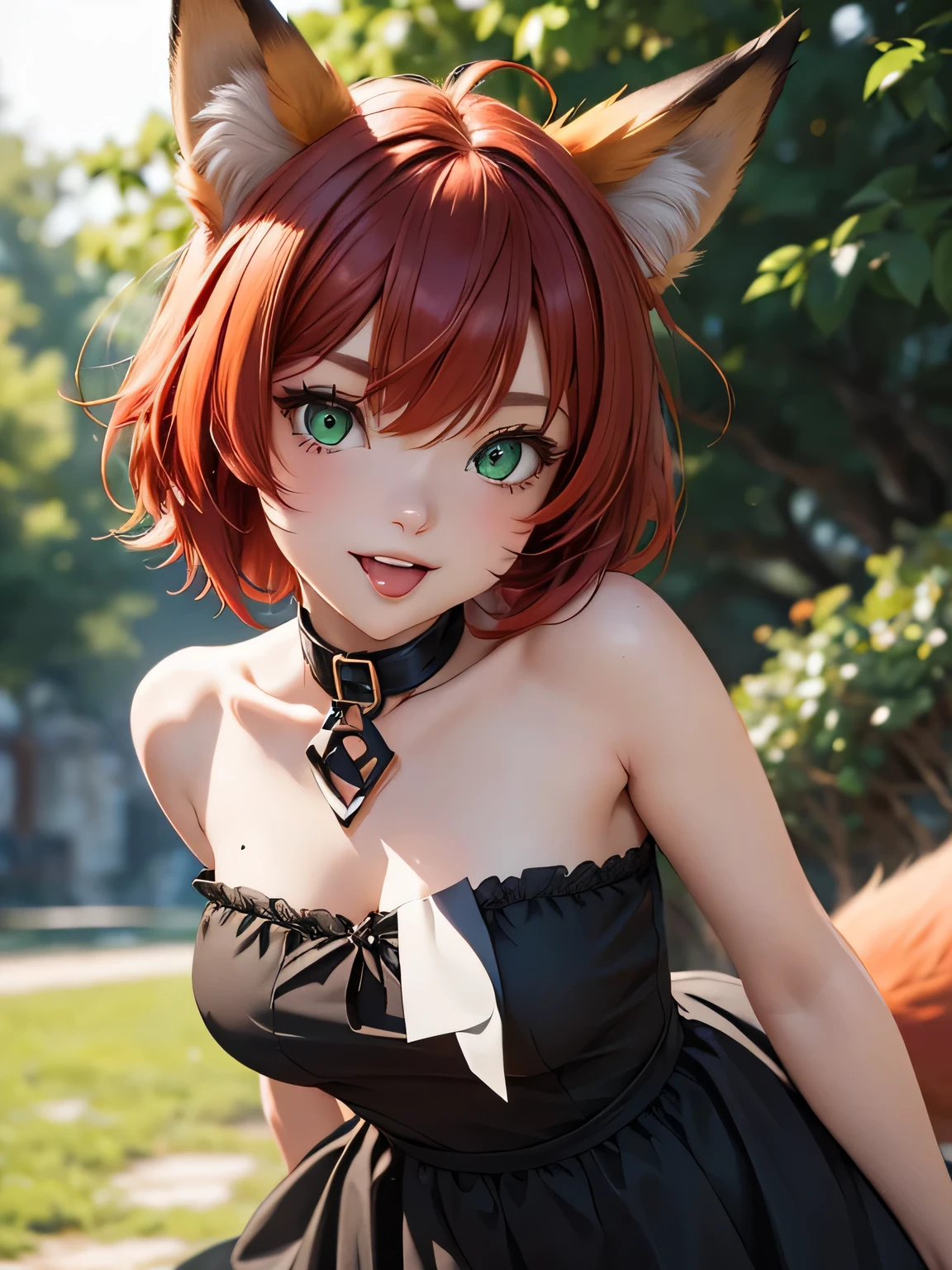 a fox girl, she's looking at the camera and winking and her tongue is out, she has red short hair and red fox ears and green eyes, she has small and a black dress where we can see her shoulders