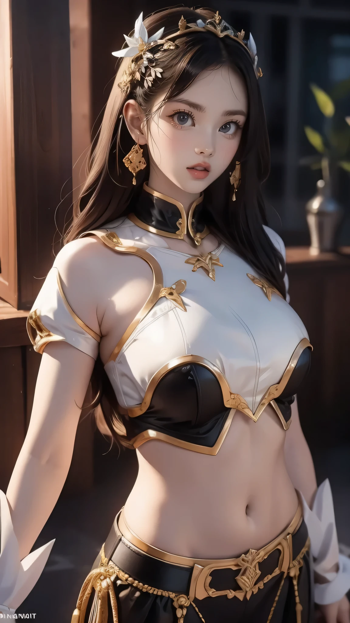 ((best quality)), ((masterpiece)), (detailed), Photorealistic, high resolution, mature woman, Hips up, Beautiful eyes, , Red eyes, jewelry, Hanfu, Chinese fairy, Taoist uniform, เสื้อผ้าขนาดใหญ่, Curtain Bangs, white hair, หน้าอกใหญ่, HDR (high dynamic range), After processing, Anisotropic filtration,depth of field, Maximum clarity and clarity, multi-layered surface, perfect proportions, 8K raw files, กระโปรงสั้น, natural lighting, soft lighting, sunlight,