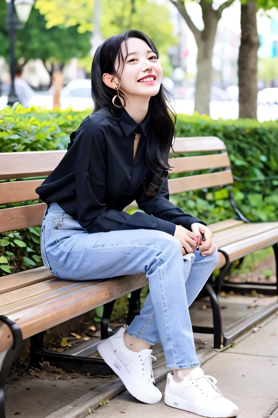 A neat and beautiful woman sitting on a park bench、black hair、long sleeve blouse、ear piercing、skinny denim、sneakers、smile。、beautiful teeth、full body photo