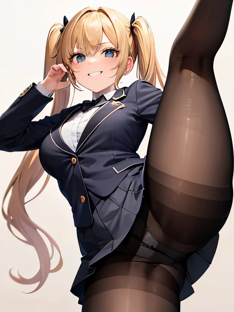 8K、1 girl, five fingers, mini skirt, looking down at the viewer, Blonde long twintails, highest quality, thigh focus, dynamic pose, smile, blazer, blouse, black pantyhose, panties under pantyhose, standing split, from directly below, show off、(((buckshot)))、Lovely lingerie、landing