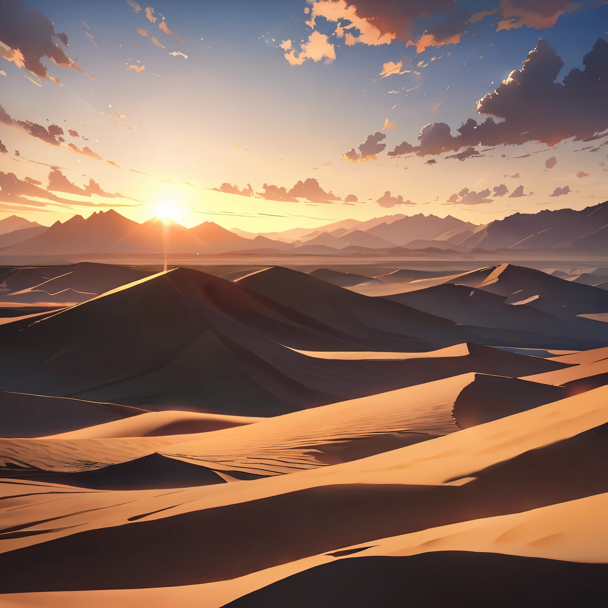 A wide-angle shot of a majestic desert landscape under a clear sky, featuring rugged mountains in the distance and a setting sun, creating a serene and vast atmosphere. The sandy desert terrain is highlighted by the warm sunlight, with scattered clouds adding drama to the scene. The scene is beautifully tranquil with a sense of grandeur.