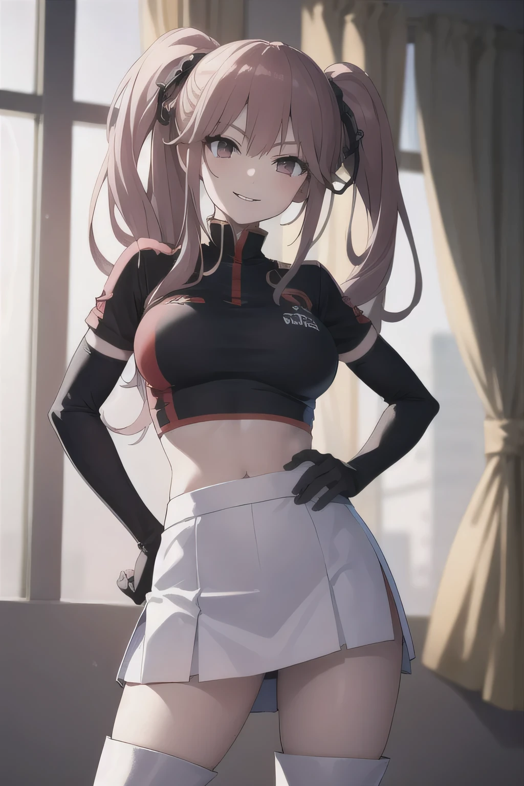 junko enoshima, glossy lips ,team rocket,team rocket uniform, red letter R, white skirt,white crop top,black thigh-high boots, black elbow gloves , looking at viewer, evil smile, hands on hips, very lift skirt, lift skirt, firm breasts, escote muy amplio