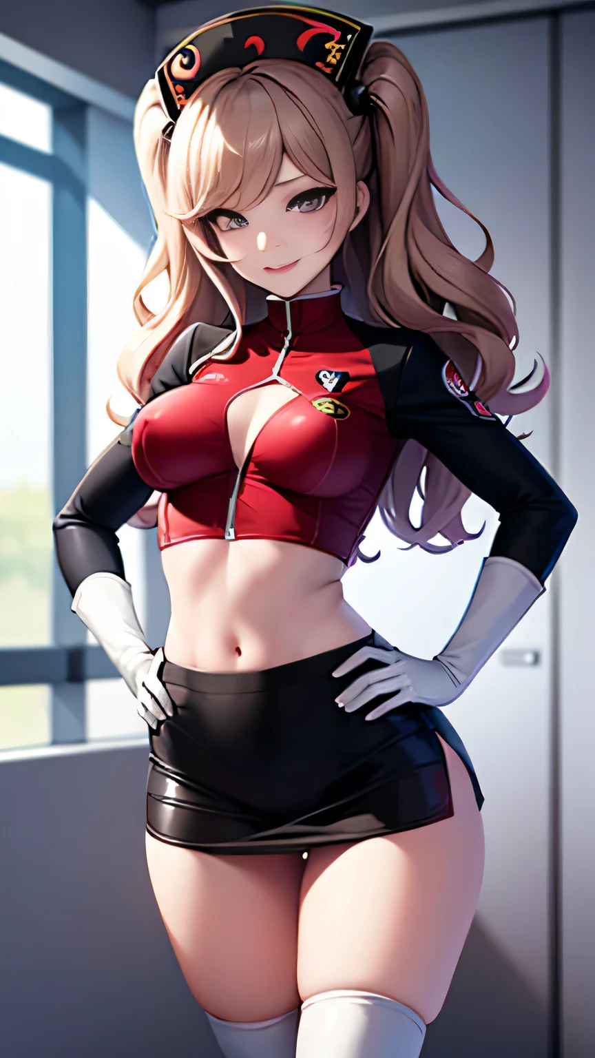 junko enoshima, glossy lips ,team rocket,team rocket uniform, red letter R, white skirt,white crop top,black thigh-high boots, black elbow gloves , looking at viewer, evil smile, hands on hips, very lift skirt, lift skirt, firm breasts, escote muy amplio, sex pose. nsfw, uncensored