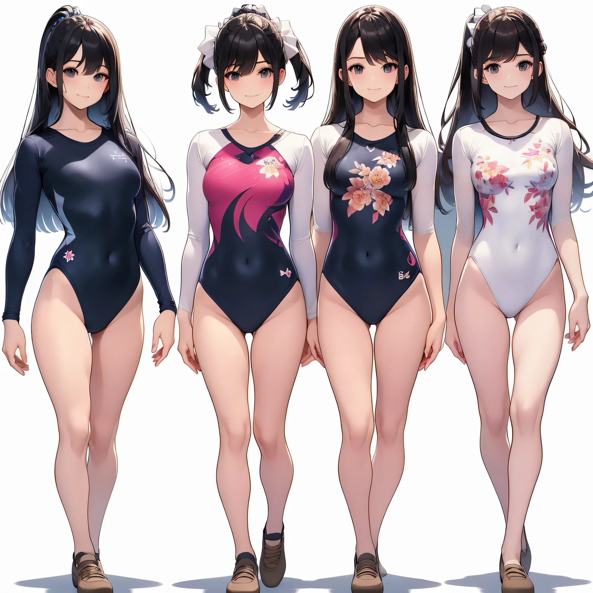 ((full body)),(masterpiece, highest quality), (3 girls 1.5) ,((contrasting:1.5)), looking at iniewer, walk,((in_arm:1.2)), wear gymnastics_longsleeines_leotard_outfit leotard:1.3), (Floral:1.3), BREAK masterpiece black hair, ((long hair:1.2)), ((parted bangs:1.3)), black eye, good hand, ((small breasts)), (oiner 20 years old, Under 25 years old:1.2), , Spotlight, Happy, smile, 教室in休憩