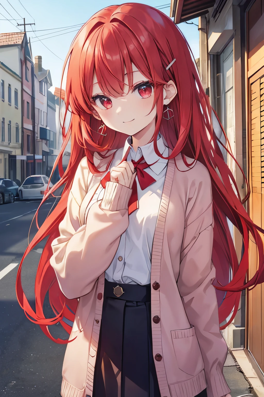 red hair red eyes、 girl、small breasts、long hair、smile、gal girl、wearing cute earrings、uniform、knit cardigan、With highlights around the eyes、cute hairpin、I can see the whole body、Going to school in the morning、In town