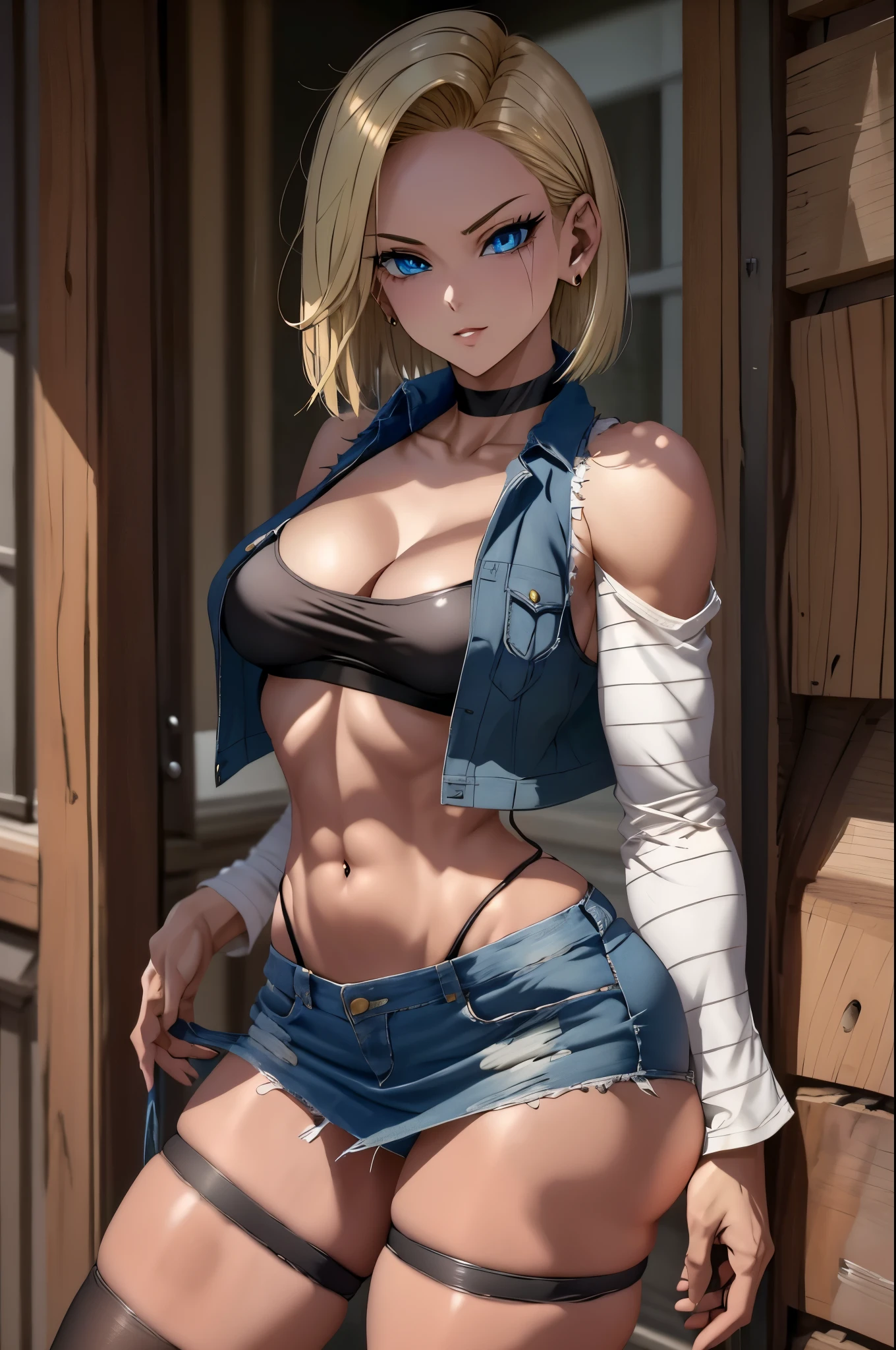 best quality, highres, and18, 1girl, android 18, solo, blonde hair, blue eyes, short hair, earrings, jewelry, denim vest, open vest, black pantyhose, black shirt, denim skirt, striped long sleeves, blue skirt, medium breasts, cowboy shot, street, off-the-shoulder, Strapless, 29 years old. piernas fuertes. pechos grandes, 