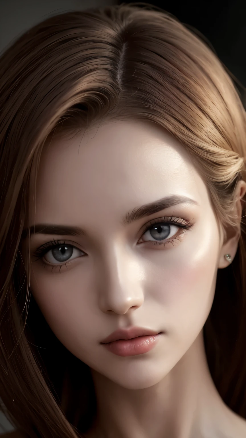 1 garota, olho de estrela, corar, Perfect Lighting, cabelo vermelho, olhos vermelhos, Motor irreal, side lighting, rosto detalhado, franja, pele brilhante, fundo simples, fundo escuro, 