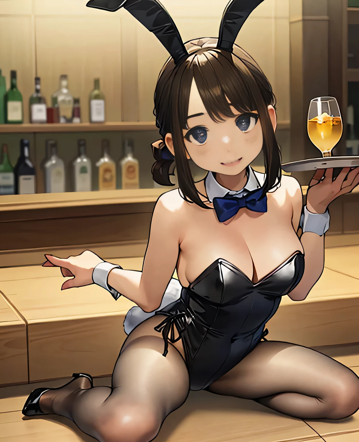 (top-quality、in 8K、32K、masterpiece、nffsw、ighly detailed、Impresionismo、Photorealsitic:1.2)、Full body, (a bar counter、shop front:1.4)、deep-shadoweauitful face、blurry backround、20-year-old beauty、shinny skin, Beautiful wavy golden hair、 poneyTail、Blue eyeeauitful face、blurry backround、 Bunny Girl、High-cut leotards、a bow tie、White cuffs、Thighs wrapped in fishnet stockinglack rabbit ears、Have a tray of liquor、sit on the table、Shy smile、Curve、