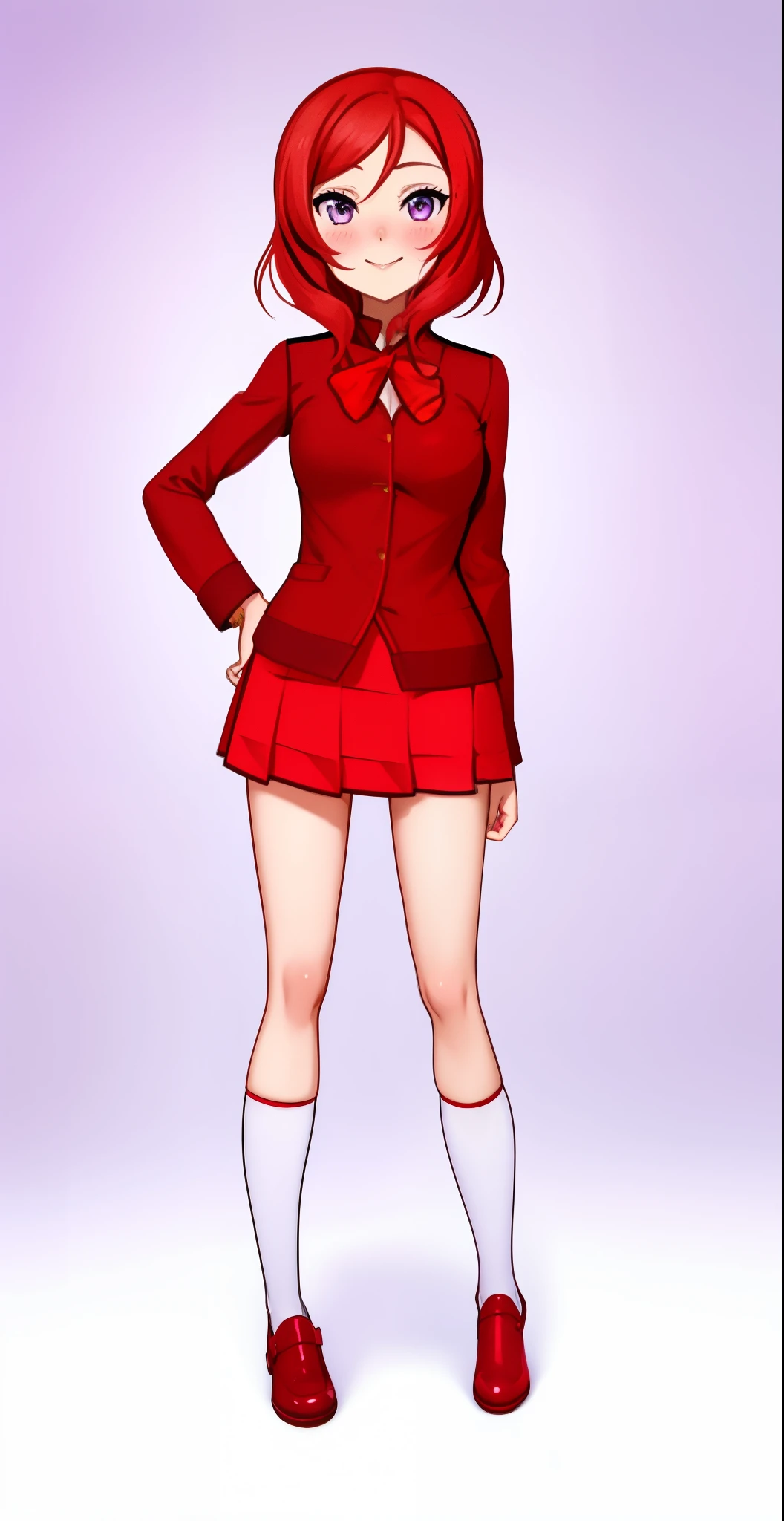(Masterpiece, Best Quality, High Quality), facing viewer,illustration, beautiful, tight , Blushing, looking at viewer, ,mini skirt,thighs,solo, posing for picture, seductive, simple white background, nishikino maki, purple eyes,red hair