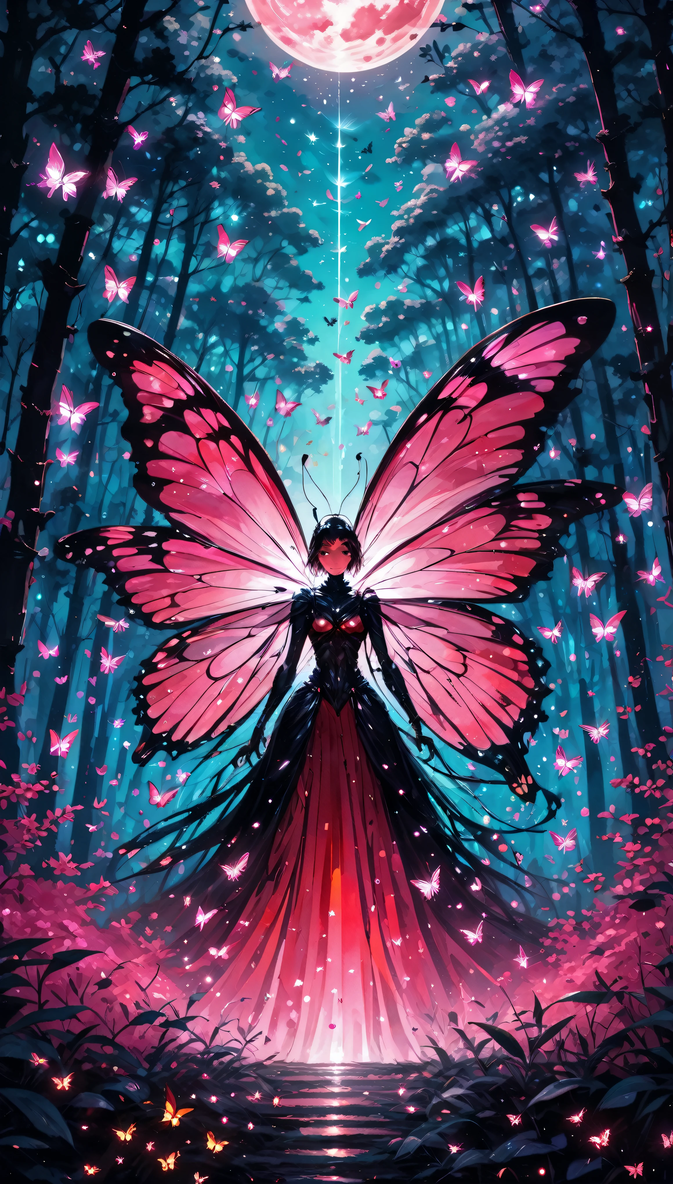 abstract paintings，Pink Forest，moonlit background，Fireflies surround a giant anthropomorphic red butterfly，Center composition，symetrical composition，Butterflies are the focal point，super wide shot，ultra high resolution，The background is blurred out，Caustics，Shadow emphasis，Fireflies are composed in a circular shape,pixllart