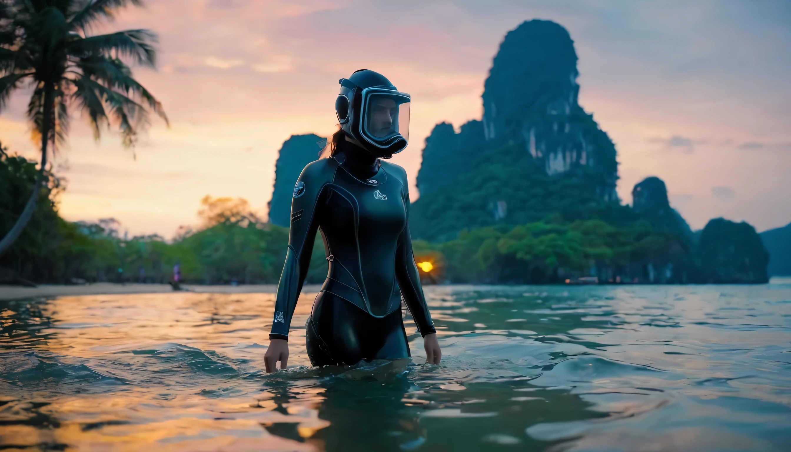 Girl walk in water on thai mytycal beach underwater wetsuit underwater mask find ancient civilization city in backround, glowing fauna around, (Cold light source:1.2), Lonely, voluminous lighting, BREAK (tmasterpiece:1.2), (beste-Qualit), 4k, Ultra-detailed, (Dynamic composition: 1.4), Detailed, colorful details, (glowing color scheme: 1.2), (Glowing Lighting, Ambiance Lighting), dreamy, fantasy , (solo: 1.2)