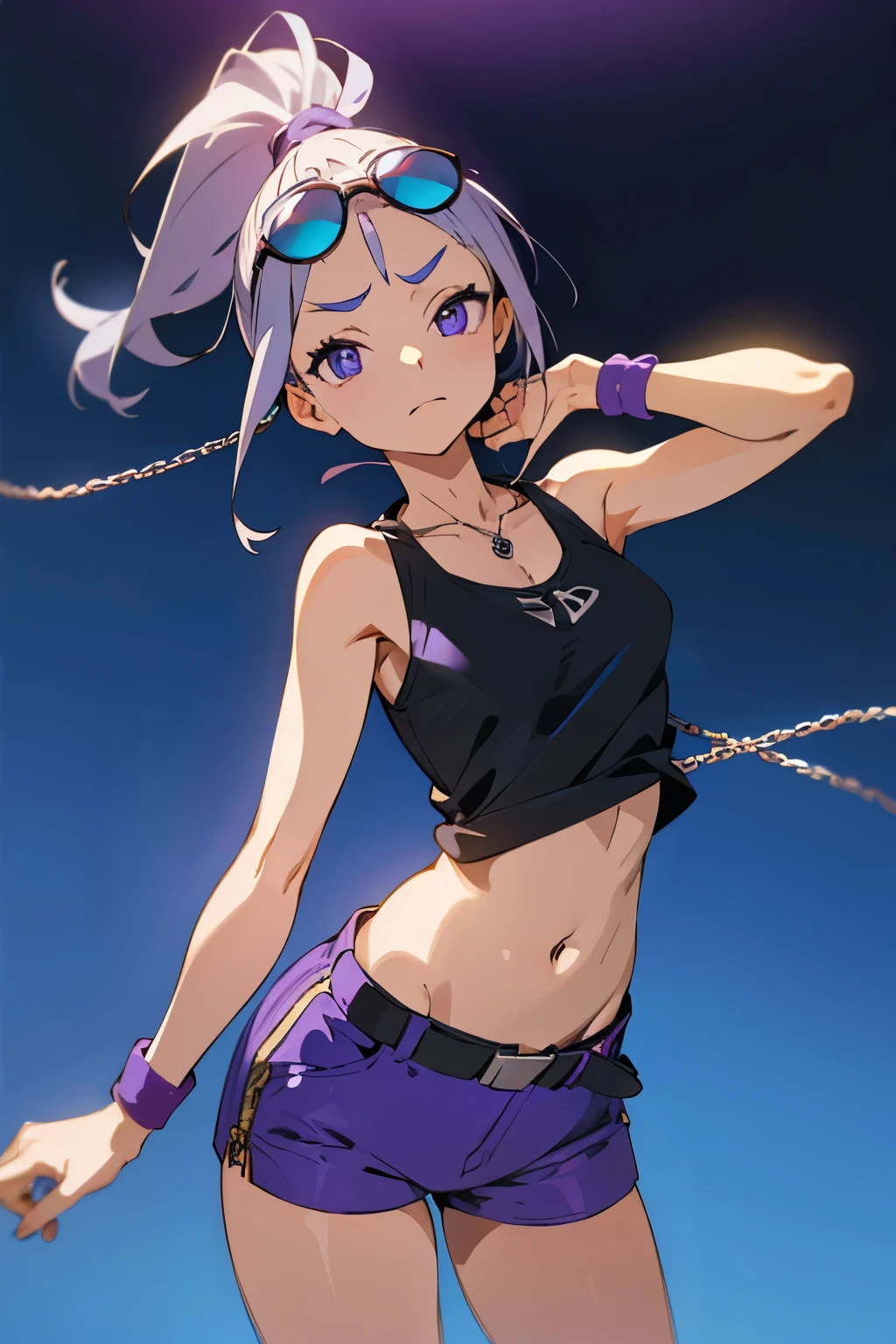 Silver hair in a short ponytail with a blue-purple ribbon, anime eyes, blue-purple sunglasses on her forehead, the zipper of a blue-purple blouson hanging down over a black tank top, blue-purple shorts with a white belt, a chain necklace, her belly button exposed, her eyes tilted upwards, and a cheeky look. His expression is swaying, looking at me,