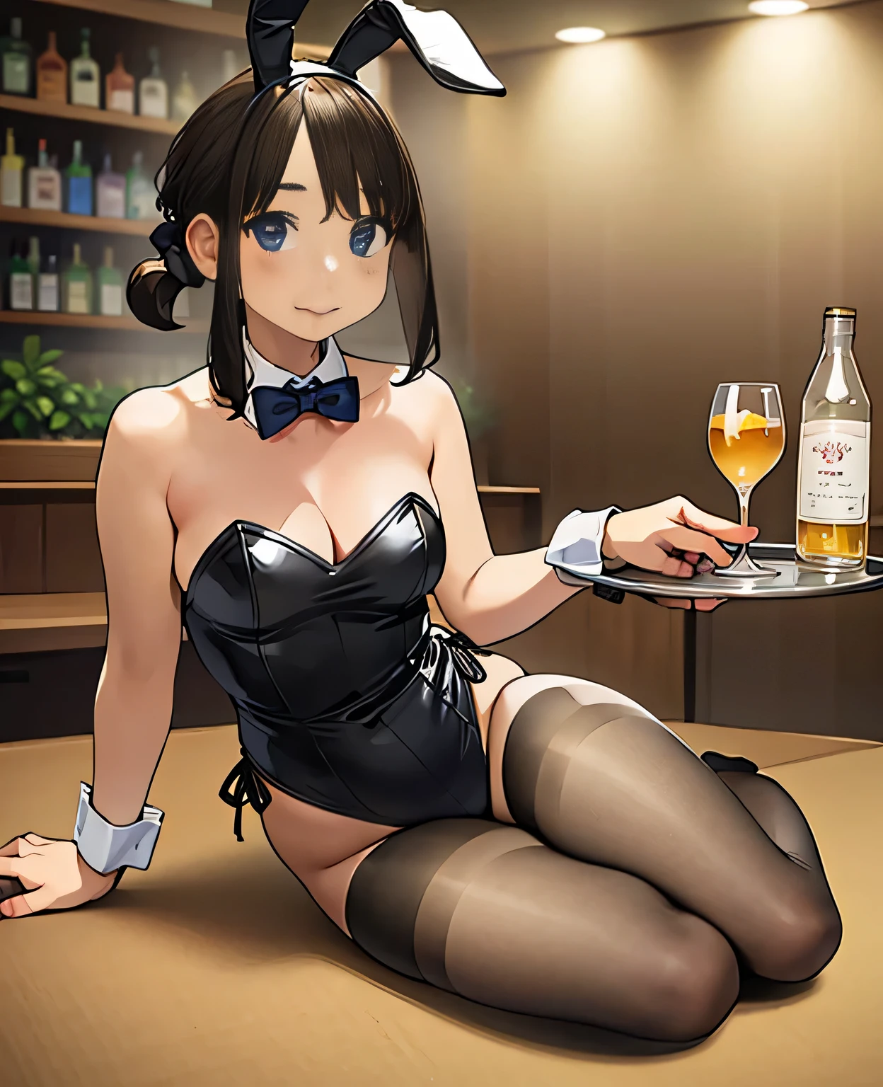 (top-quality、in 8K、32K、masterpiece、nffsw、ighly detailed、Impresionismo、Photorealsitic:1.2)、Full body, (a bar counter、shop front:1.4)、deep-shadoweauitful face、blurry backround、20-year-old beauty、shinny skin, Beautiful wavy golden hair、 poneyTail、Blue eyeeauitful face、blurry backround、 Bunny Girl、High-cut leotards、a bow tie、White cuffs、Thighs wrapped in fishnet stockinglack rabbit ears、Have a tray of liquor、sit on the table、Shy smile、Curve、