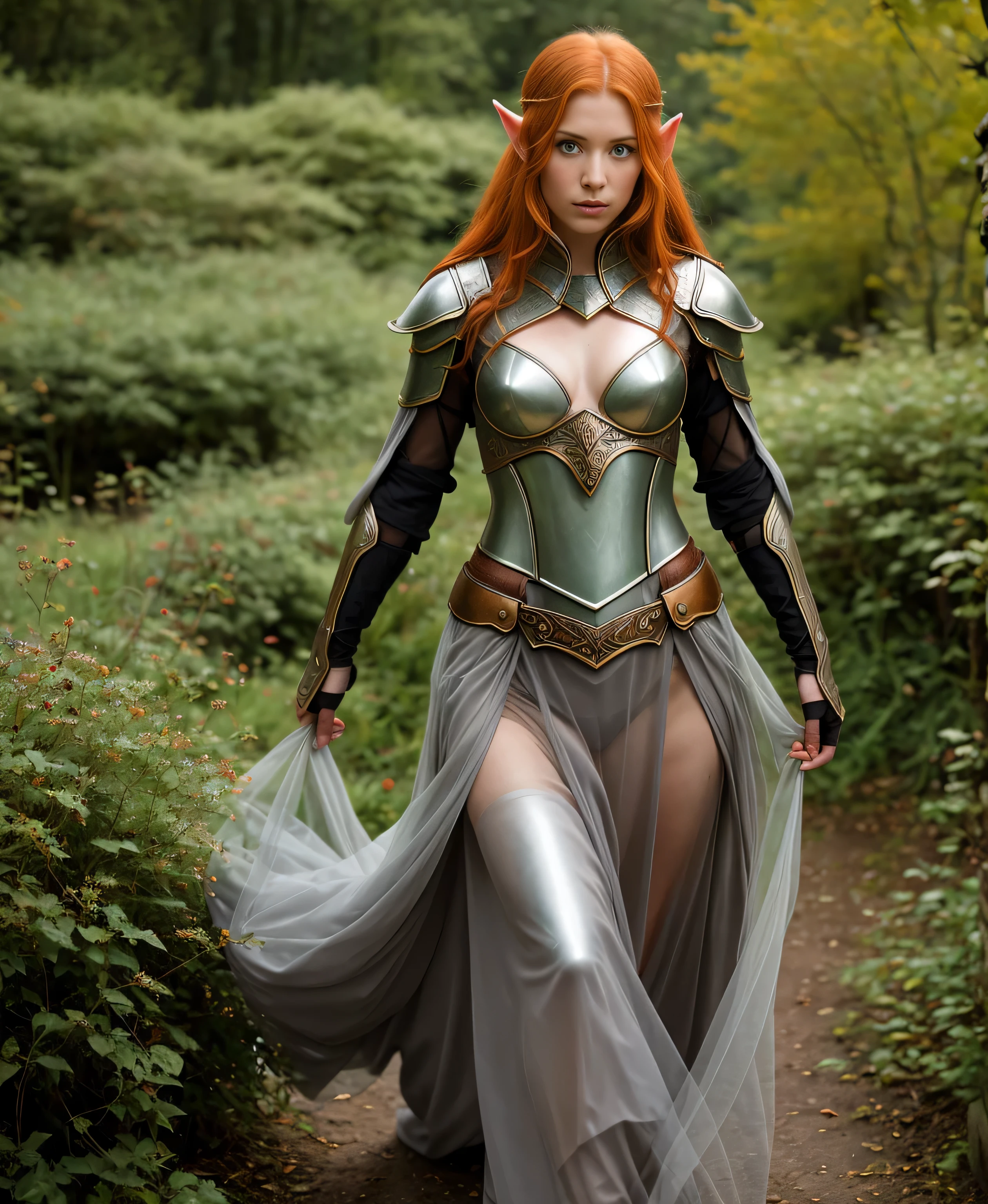 Meisterwerk, a beautiful elf, ginger hair, (delicate transparent armor), (medium breasts), (perfect body), (rotes langes Haar), outside, (Hauttextur:1.1), best quality, ultra high resolution, RAW-Foto, Nikon D850, Hintergrundbeleuchtung, Felgenlicht, helles Sonnenlicht, Filmkorn:1.2, (warmer Farbton, warmer Ton:1.2), (Farbfoto), Fantasy-Schlachtfeld-Hintergrund
