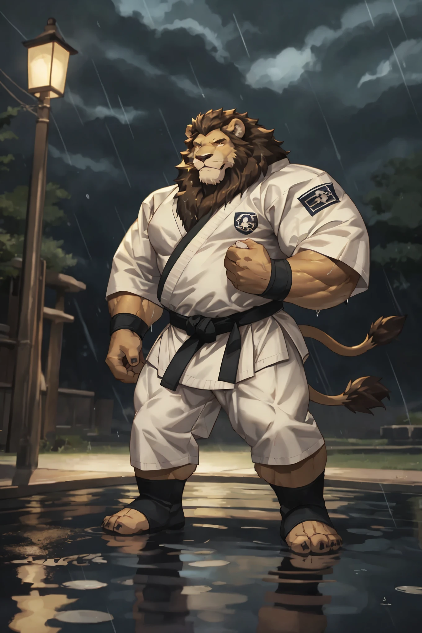 1boy, solo, muscular old man (furry lion), huge muscular, short hair, wearing karate uniform, (cinematic rain vfx background), dark background, wet