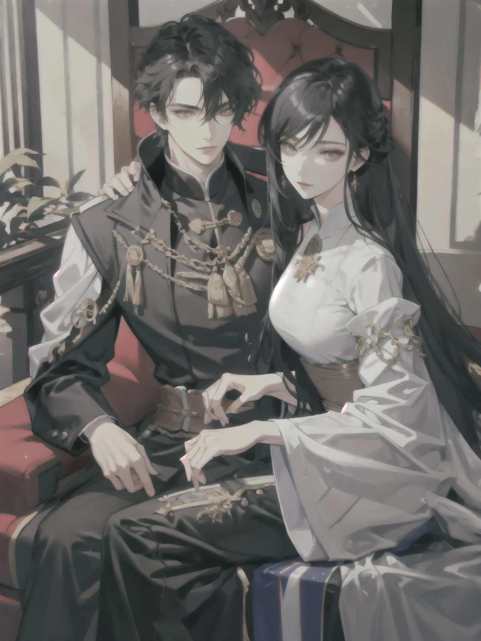 clan, royal, elegant, look good, soft light, details, 4k, mate, beautiful clan, details eyes, Beautiful hair, handsome man, gorgeous woman, I&#39;m fine, mom., hot man, hot couple, woman with black hair, man with black hair, gray eyes, arrogant, cool, look good, nobility,throne, clanผู้ดี, Middle Ages