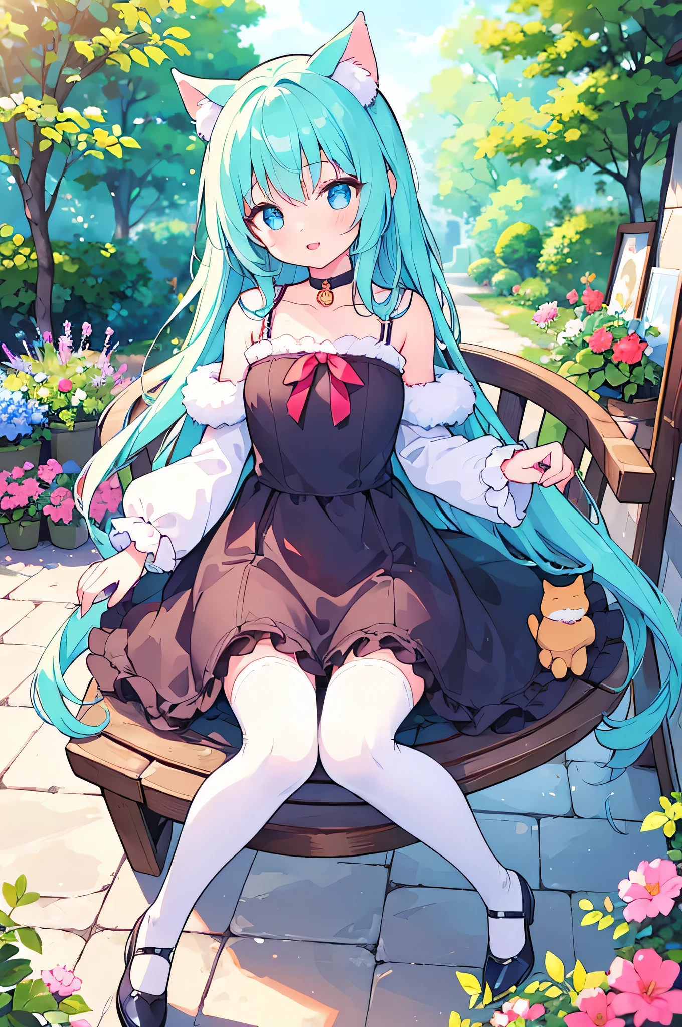 An open-mouthed girl with a furry cat, wearing a choker and a red bow. The girl has long flowing hair and expressive eyes. She is dressed in a cute outfit with a white fur trim, and she is wearing blue stockings. The scene is set in a garden filled with colorful flowers and lush greenery. The girl is sitting on a swing, laughing as the cat playfully jumps around her. The lighting is soft and warm, casting a gentle glow on the scene. The artwork is created using a combination of digital painting and detailed illustrations, resulting in a high-quality, photorealistic image. The colors are vibrant and vivid, with a touch of pastels to create a dreamy atmosphere. The focus is sharp, capturing every intricate detail of the girl's features and the cat's fur. The overall aesthetic is a mix of fantasy and innocence, with a hint of cuteness and charm. The composition is carefully balanced, with the girl and the cat as the focal points, surrounded by the beautiful garden scenery. open mouth, furry cat, girl, choker, red bow, white fur, blue stockings, looking at hind legs, cat's hind legs in fluid, arousal, looking at us, tongue visible, good quality, slender body, correct proportions, two hind legs (furry feet), two front legs (furry hands), correct muzzle, semen on the muzzle, drooling, excretions, submission