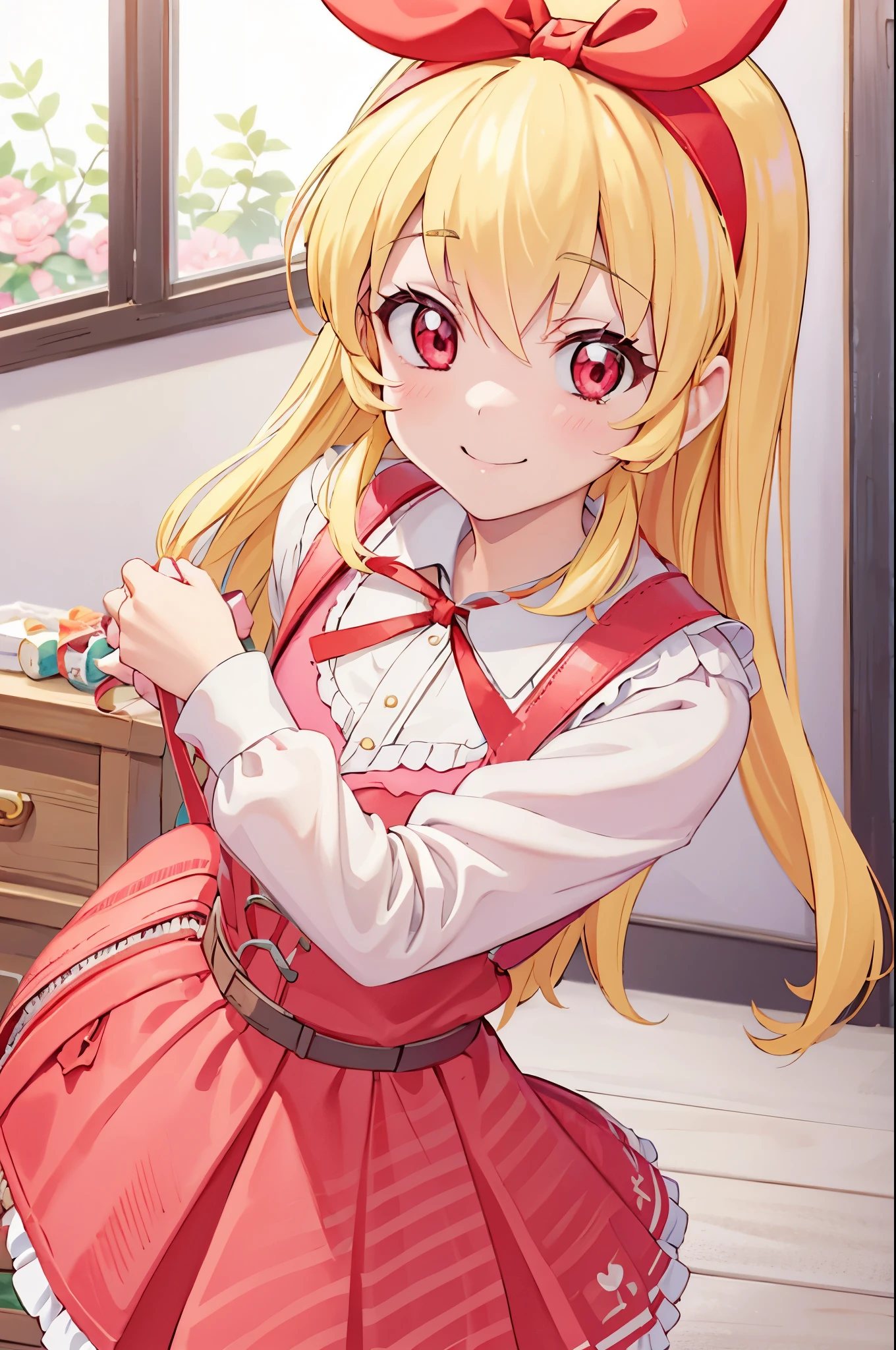 (red ribbon on hairband:1.2),NSFW, 1 girl, Blonde HAIR,(masutepiece), Best Quality, High resolution, Highly detailed, Detailed background, Perfect Lighting, Indoor, 1girl in, , Looking at Viewer, , Maid Uniform, Adorable smile, Wearing a pink school bag backpack, (Randoseru Backpack:1.0)