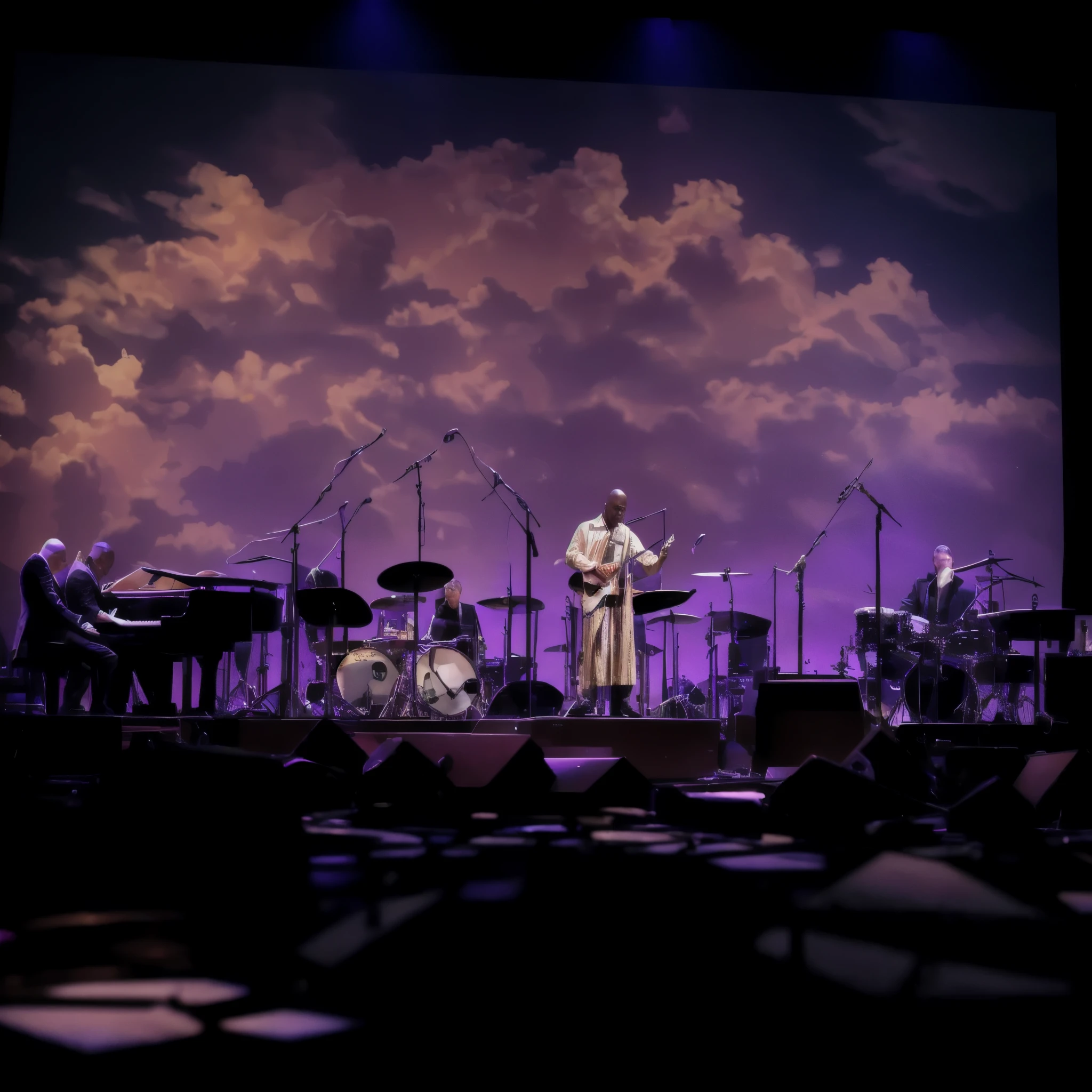 (masterpiece:1.2), (high-resolution:1.2), (ultra-detailed), (photorealistic:1.37), (a close-up of a) purple lights are lit up on a stage with a stage crew, theatrical lighting, purple scene lighting, stage lighting, advanced stage lighting, dramatic stage lighting, stage lighrt, ( ( stage lights ) ), arafed image of a man on stage with a microphone and a band, palm, festival, jazz, sally, tall, il, by Pamela Drew, pam, michael, els, by Malvin Gray Johnson, 278122496, masterful composition!!!, palms, 3 / 4 wide shot, ny, afp, by Ken Elias, kiki