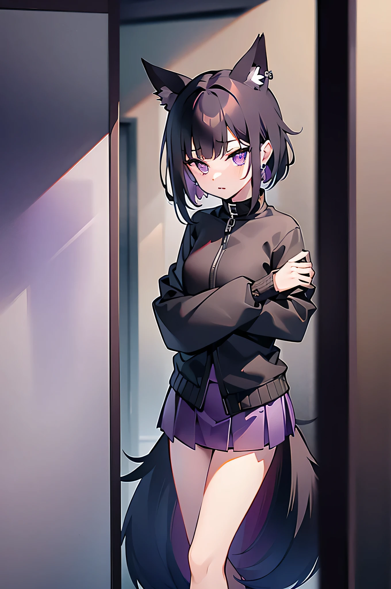 Purple eyes, purple mini skirt, pretty girl, anime style, foxgirl, skinny, black mini jacket, short black hair, 8k, hi-res, black collar, earrings, small breast, skinny, cute face, fox tail, sexy