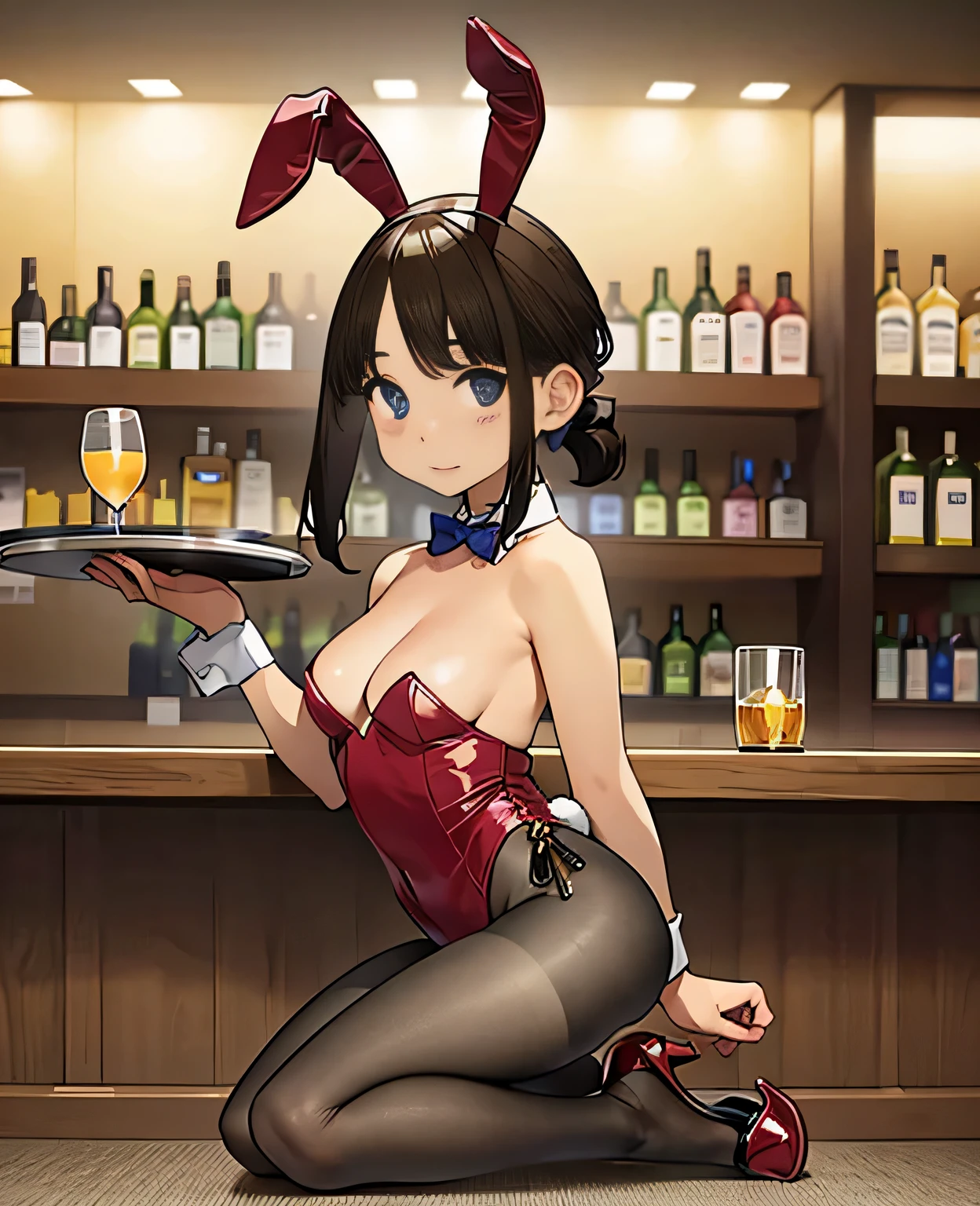 (top-quality、in 8K、32K、masterpiece、nfsw、highly detailed、Impresionismo、Photorealsitic:1.2)、Full body, (a bar counter、shop front:1.4)、cara simetrica y hermosa, deep-shadow, beauitful face、blurry backround、20-year-old beauty、shinny skin, Beautiful wavy golden hair、 poneyTail、Blue eyes, Beauitful face、blurry backround、 Bunny Girl、High-cut leotards、Muy delgado leotardo se ve el cuerpo atraves de el, a bow tie、White cuffs、Thighs wrapped in fishnet stockinglack rabbit ears、Have a tray of liquor、sit on the table、Shy smile、Curve, uncensored, nsfw, very hot
