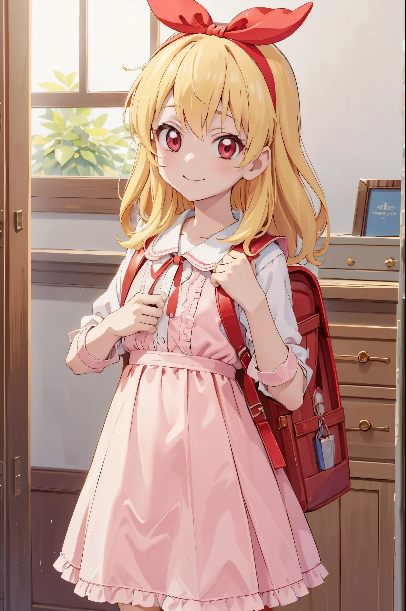 (red ribbon on hairband:1.2),NSFW, 1 girl, Blonde HAIR,(masutepiece), Best Quality, High resolution, Highly detailed, Detailed background, Perfect Lighting, Indoor, 1girl in, , Looking at Viewer, , Maid Uniform, Adorable smile, Wearing a pink school bag backpack, (Randoseru Backpack:1.0)