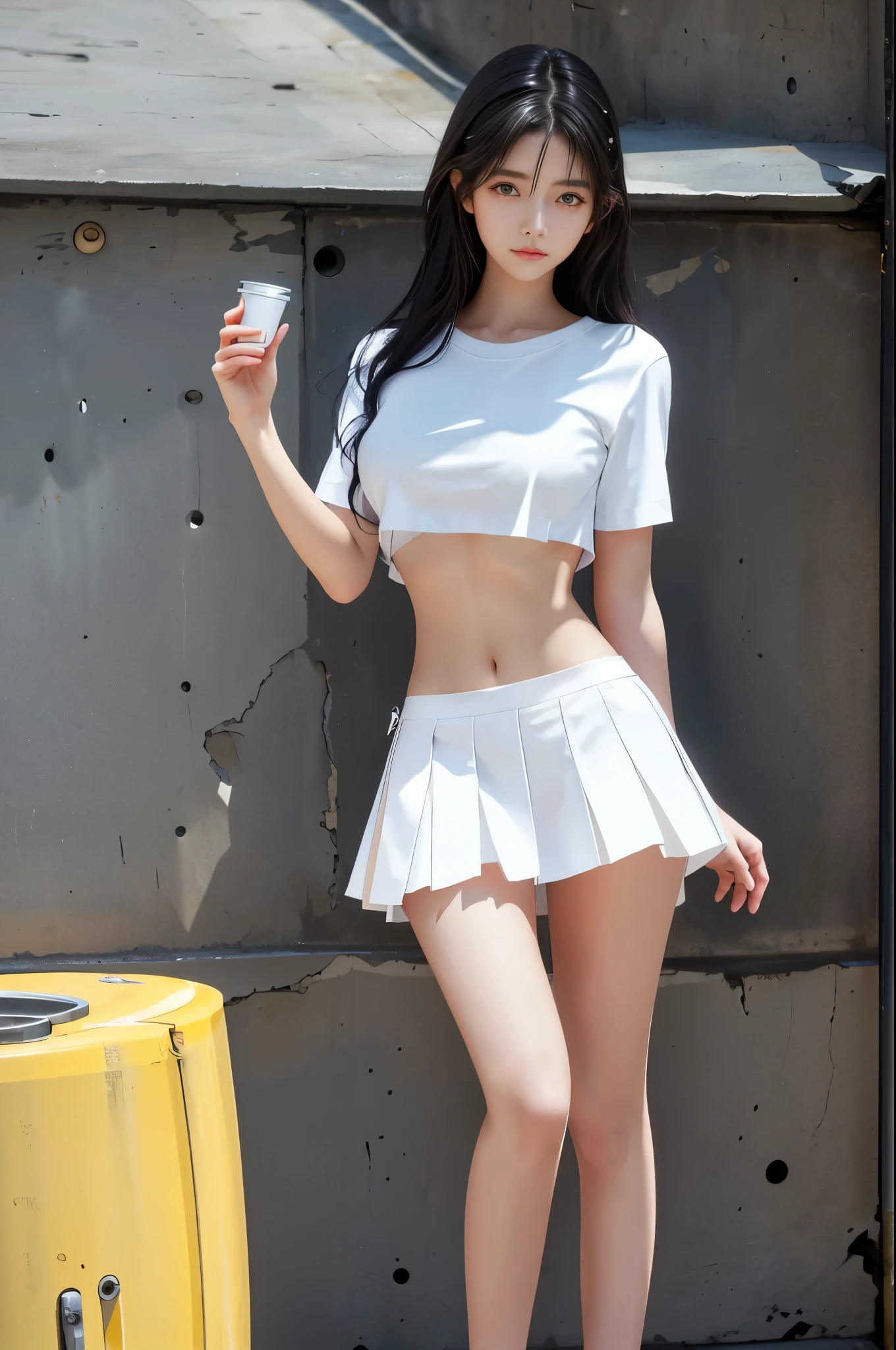 best qualtiy, tmasterpiece, 1girll, beauitful face,(The upper part of the body,upper legs),(Clear facial features) ,(photograph realistic:1.3), edge lit, (highdetailskin:1.2), 8K Ultra HD, digital SLR camera, high high quality, A high resolution, 4K, 8K, Optimal proportions of four fingers and one thumb, (realisticlying:1.3), Cute 1girl, Wearing a short white T-shirt, mediuml breasts, Ruffled miniskirt,navel,Ultra-realistic skin maps,eyes with brightness,perfect body figure,True shadows